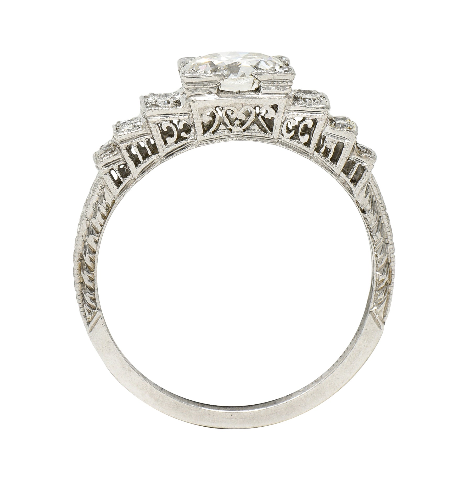 Art Deco 1.14 CTW Old European Cut Diamond Platinum Stepped Heart Trellis Engagement Ring Wilson's Estate Jewelry