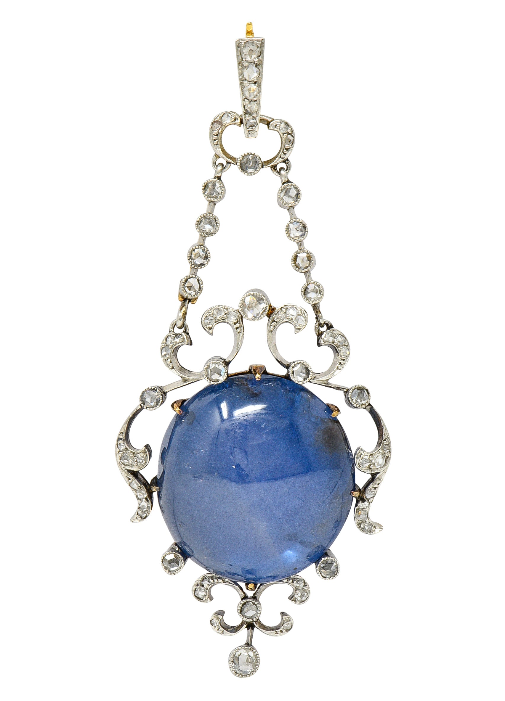 French Edwardian 61.83 CTW Star Sapphire Cabochon Diamond Silver-Topped Whiplash Antique Enhancer Pendant Wilson's Estate Jewelry