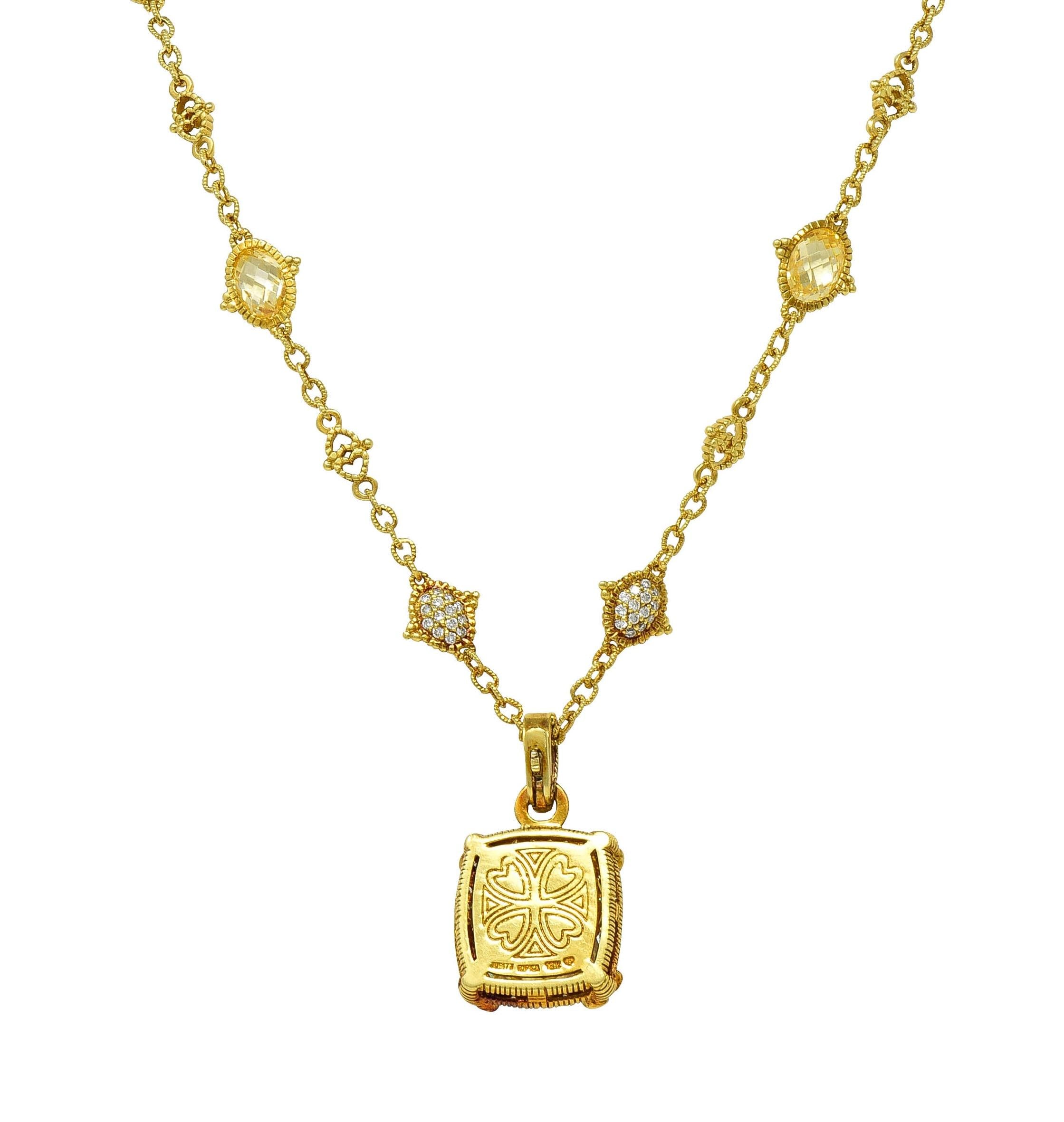 Judith Ripka 23.04 CTW Canary Quartz Diamond 18K Gold Pendant Necklace