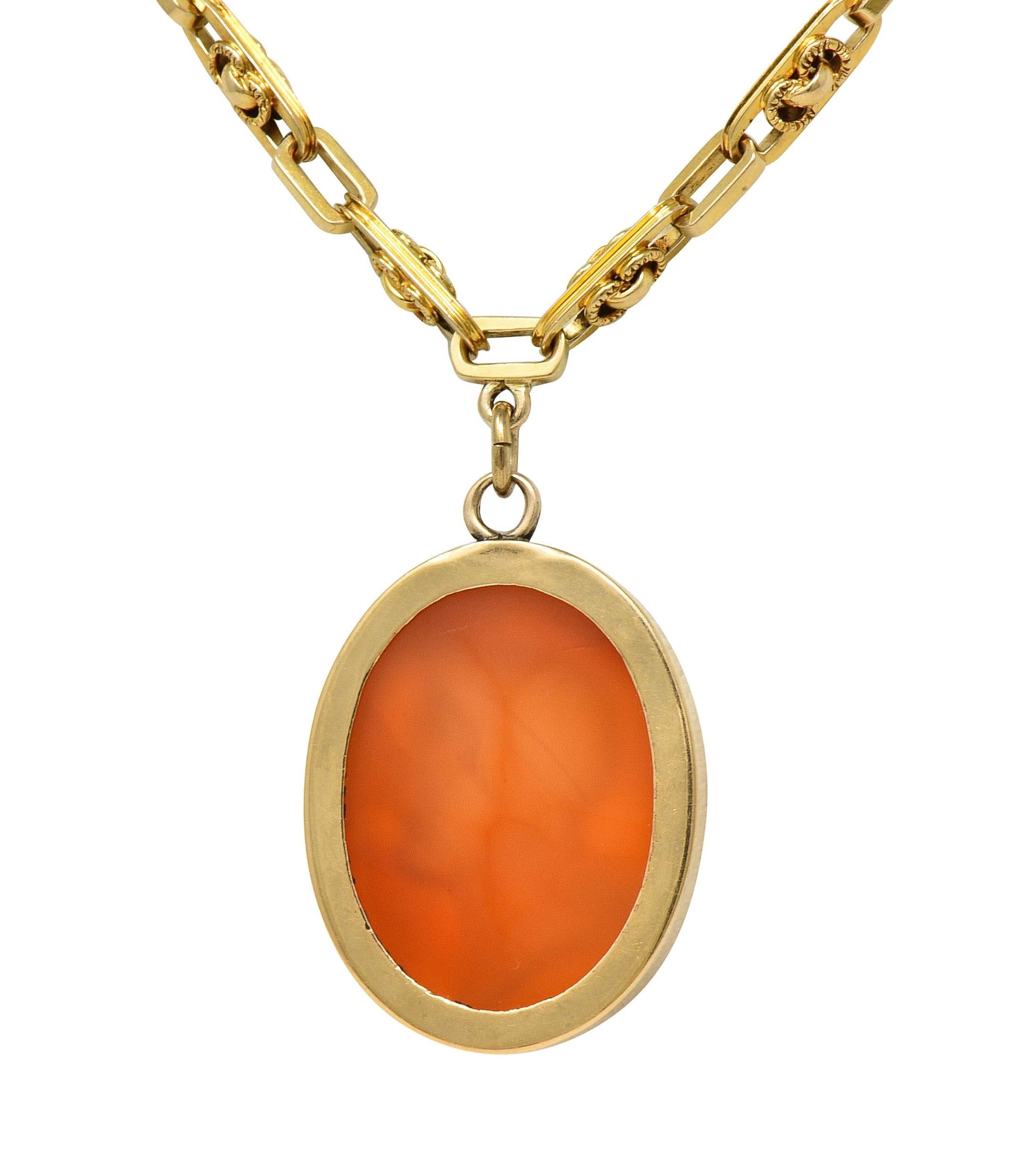 Victorian Carnelian 14K Gold Fancy Link Chain Cameo Antique Pendant Necklace