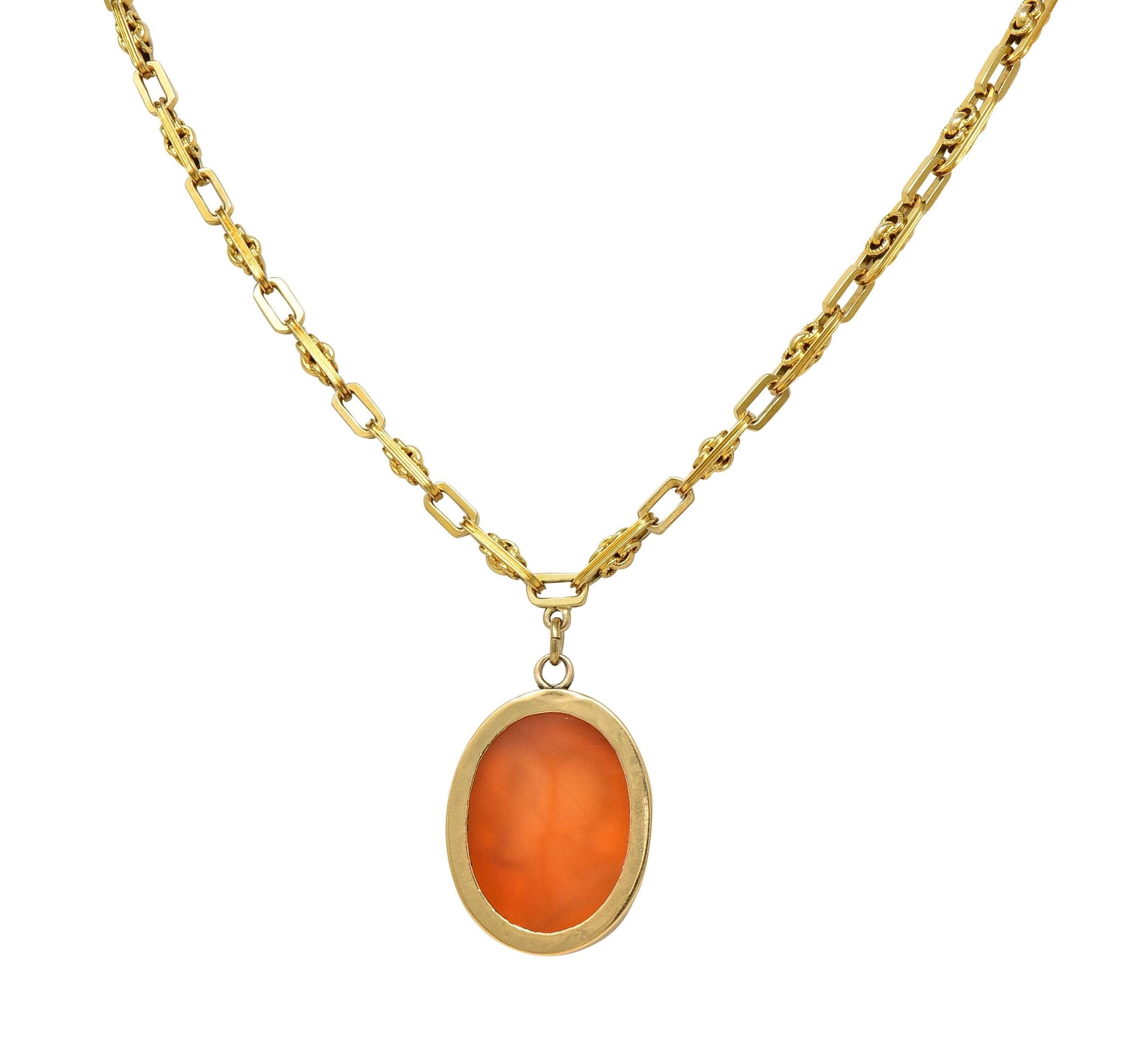 Victorian Carnelian 14K Gold Fancy Link Chain Cameo Antique Pendant Necklace