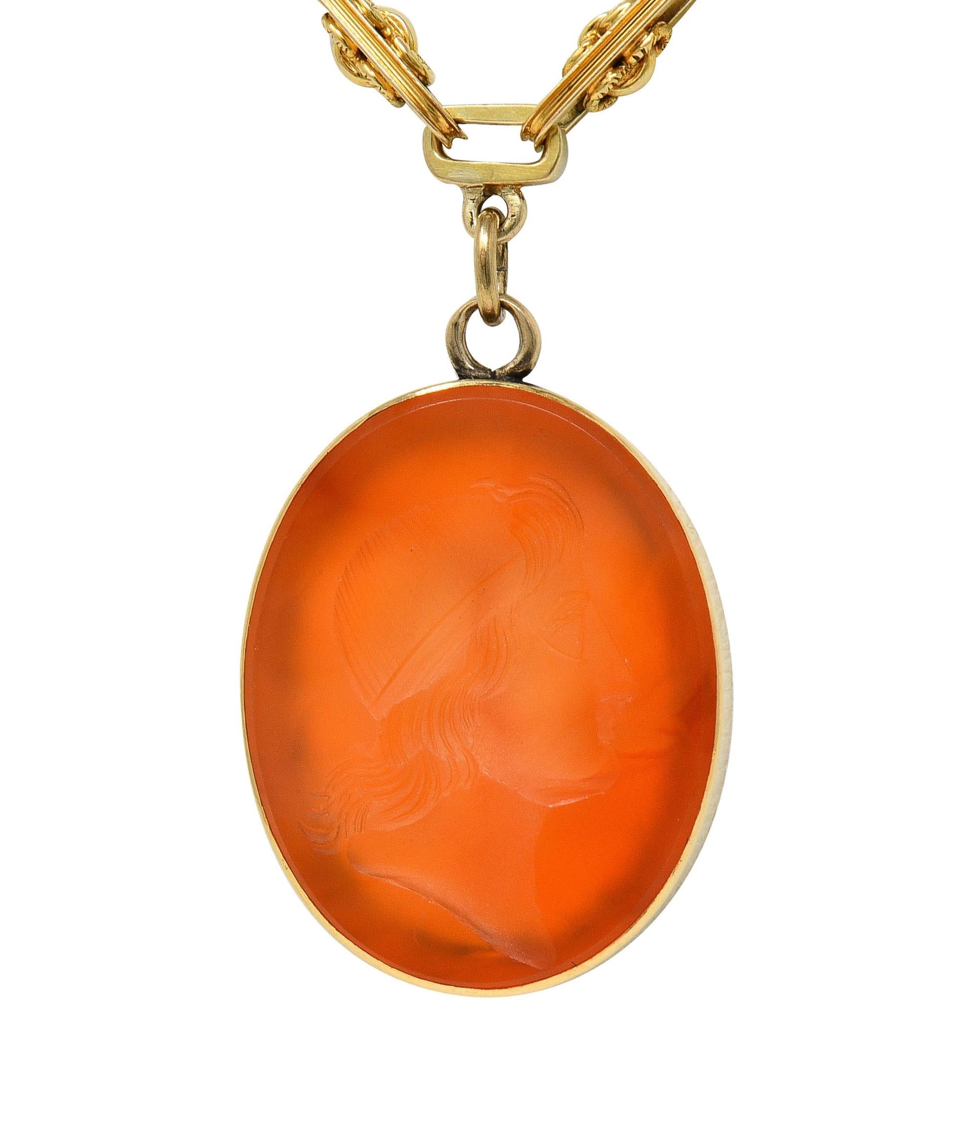 Victorian Carnelian 14K Gold Fancy Link Chain Cameo Antique Pendant Necklace