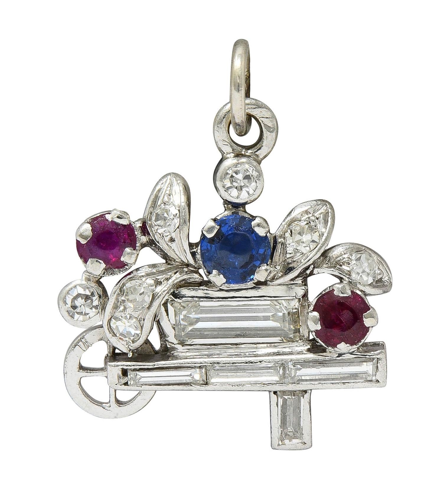 French Art Deco Sapphire Ruby Multi-Gem Platinum Vintage Flower Cart Charm