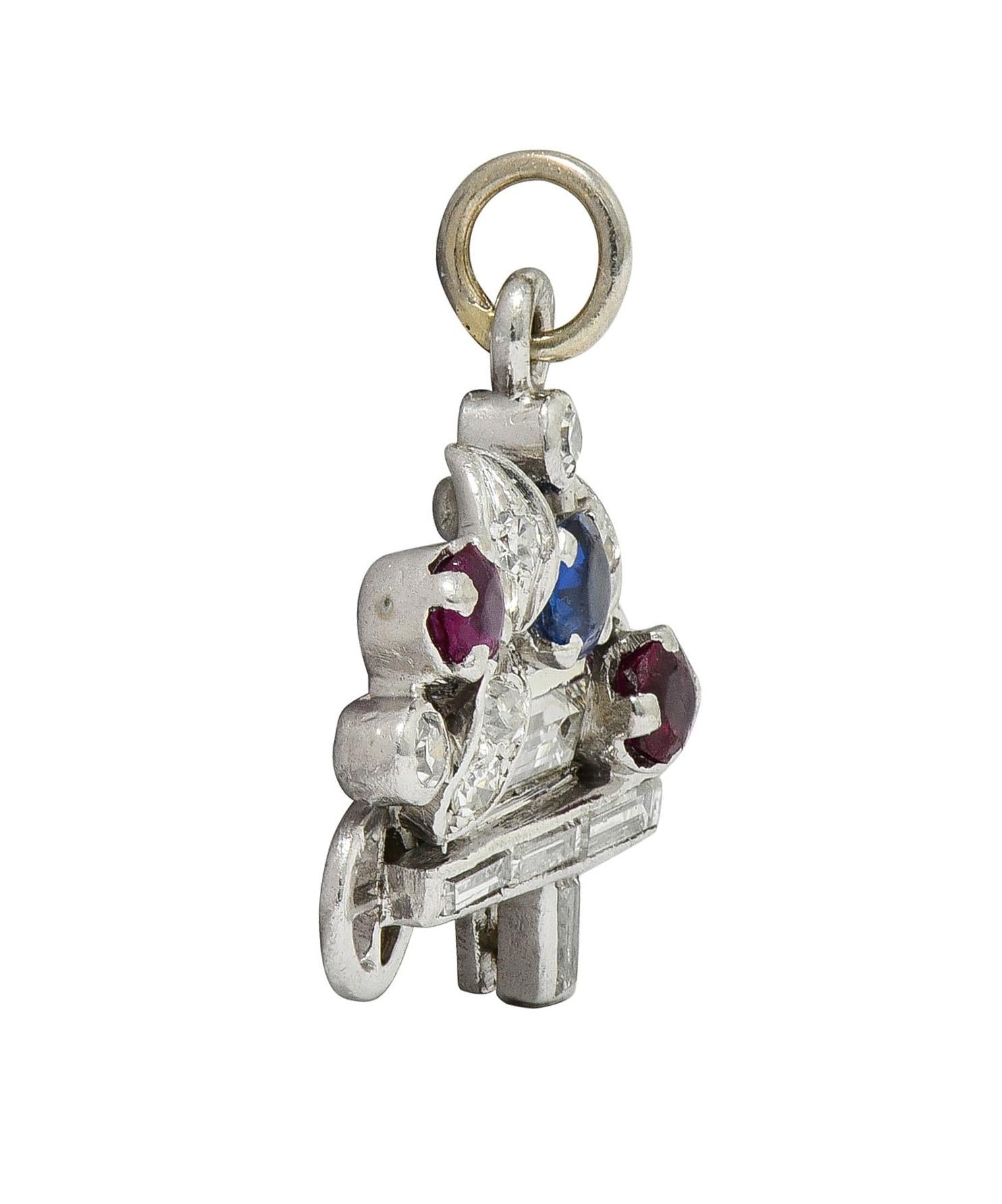 French Art Deco Sapphire Ruby Multi-Gem Platinum Vintage Flower Cart Charm