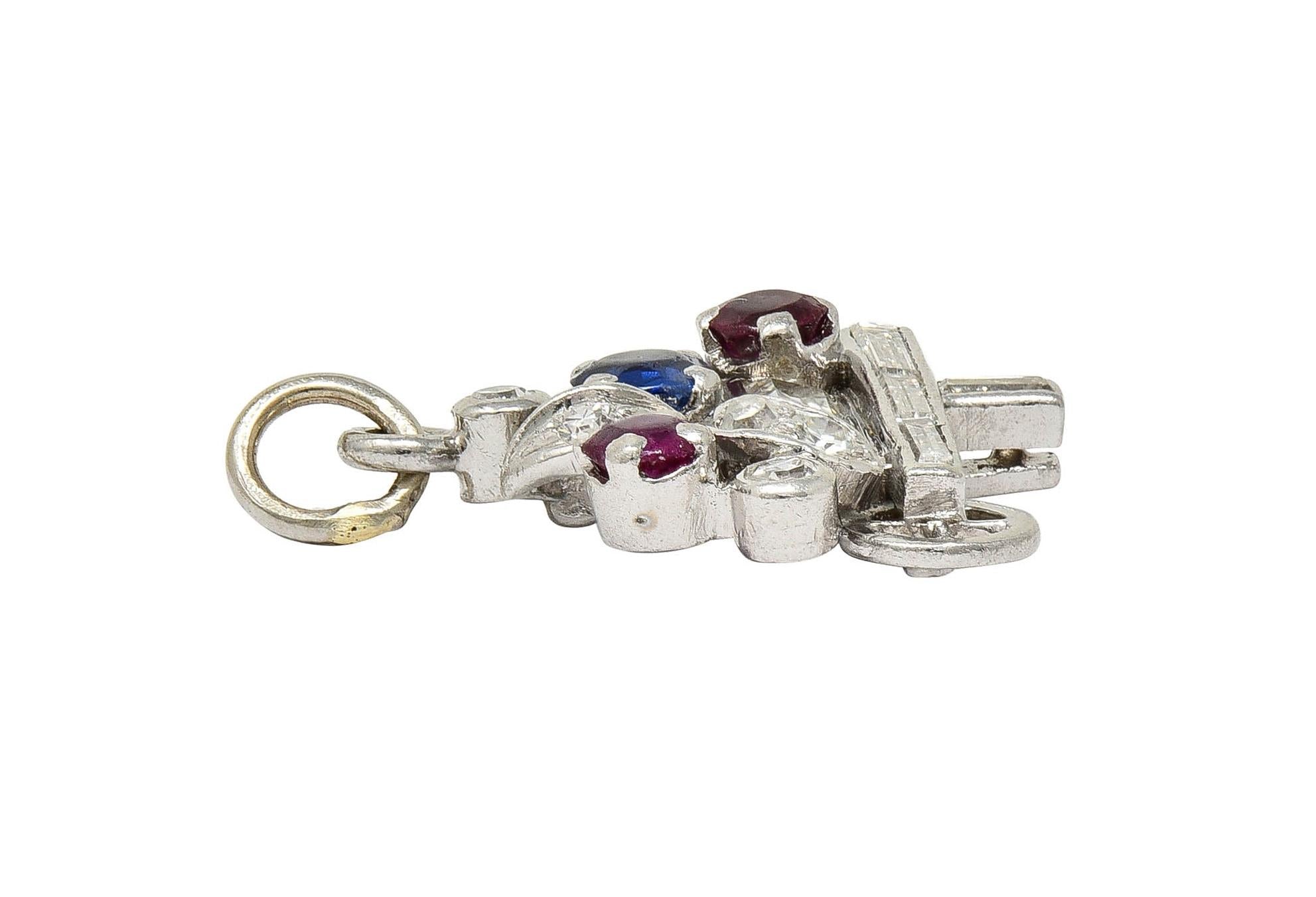 French Art Deco Sapphire Ruby Multi-Gem Platinum Vintage Flower Cart Charm