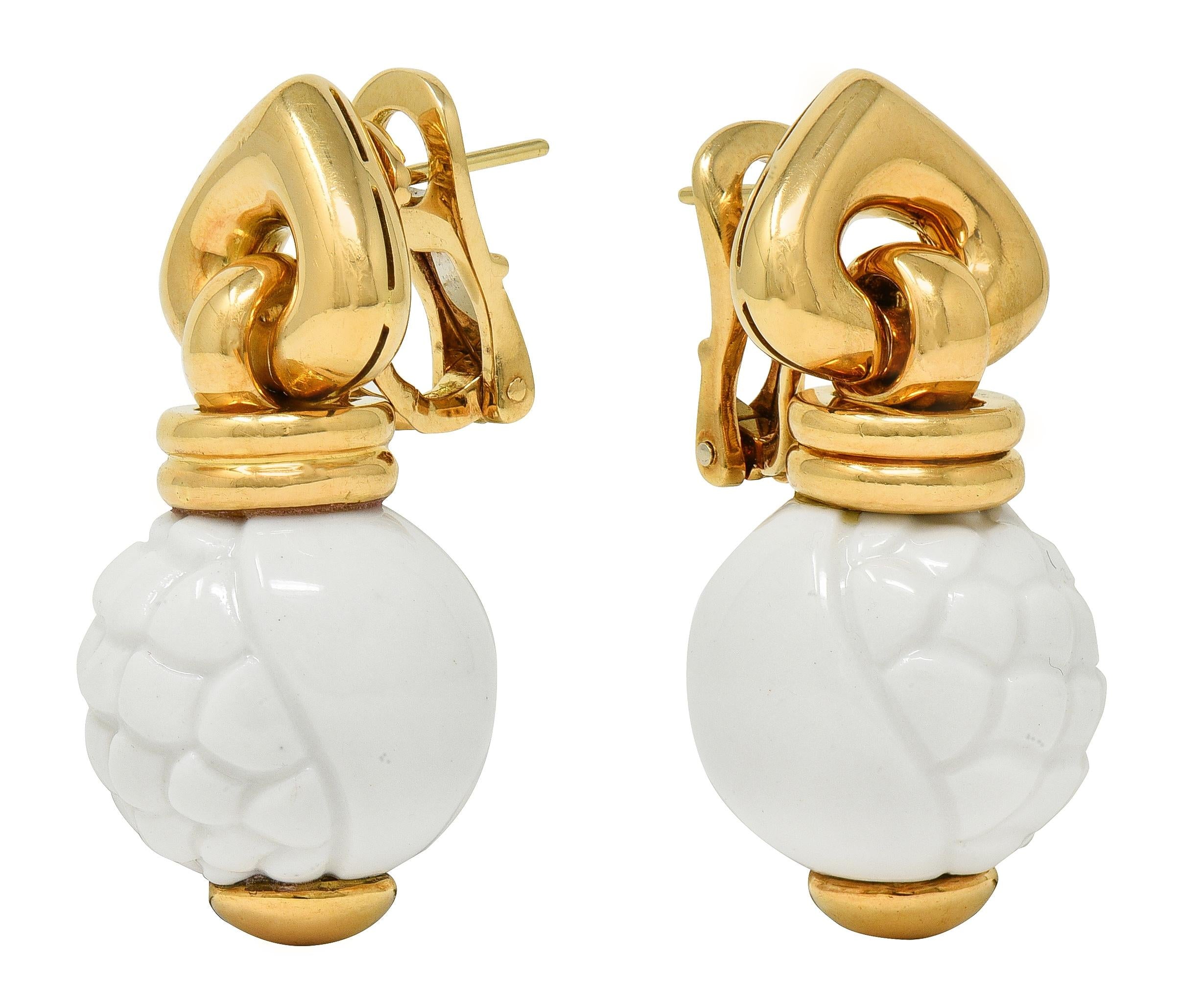 Bulgari 1990's Ceramic 18K Yellow Gold Chandra Beaded Drop Ear-Clip Earrings
