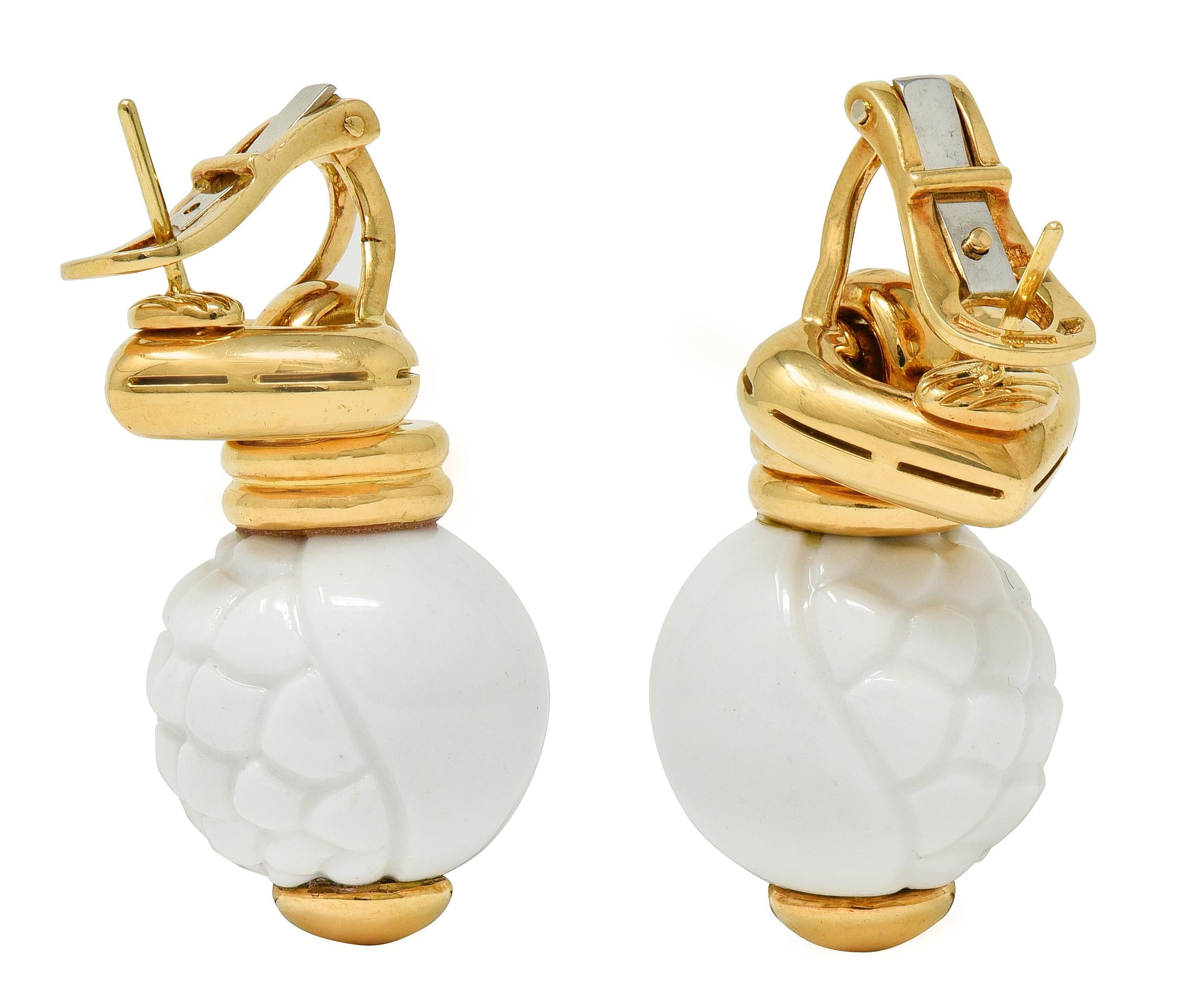 Bulgari 1990's Ceramic 18K Yellow Gold Chandra Beaded Drop Ear-Clip Earrings