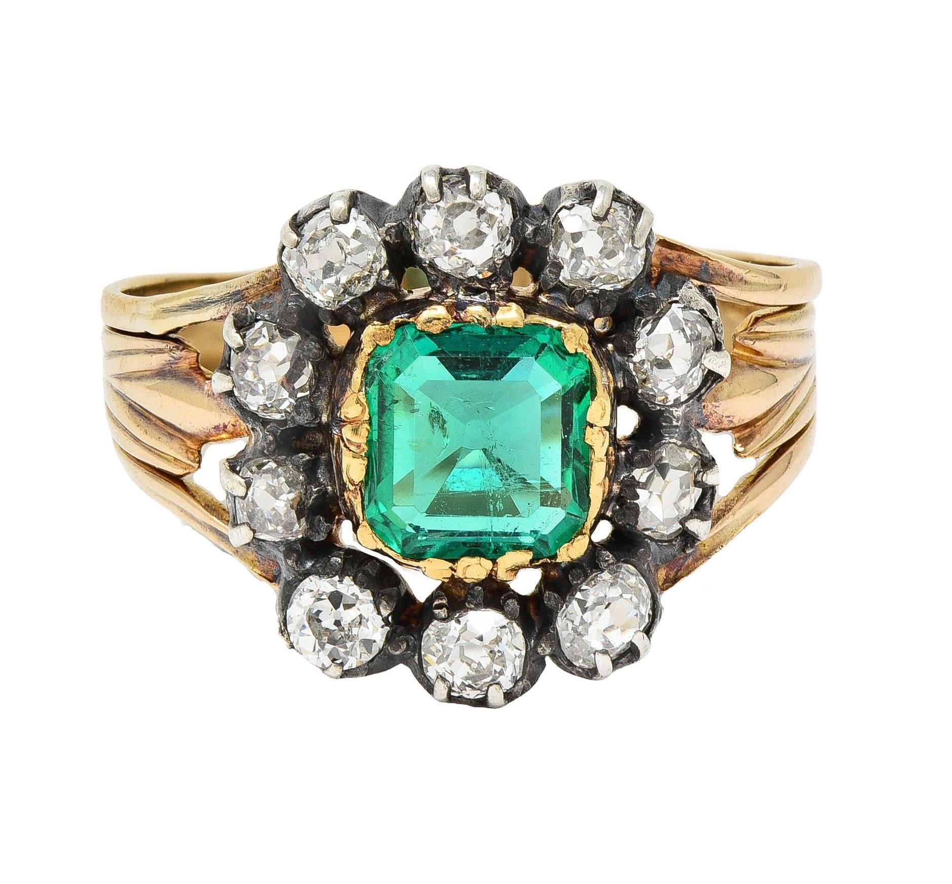 Victorian 1.87 CTW Emerald Diamond Silver 14 Karat Gold Antique Halo Ring GIA