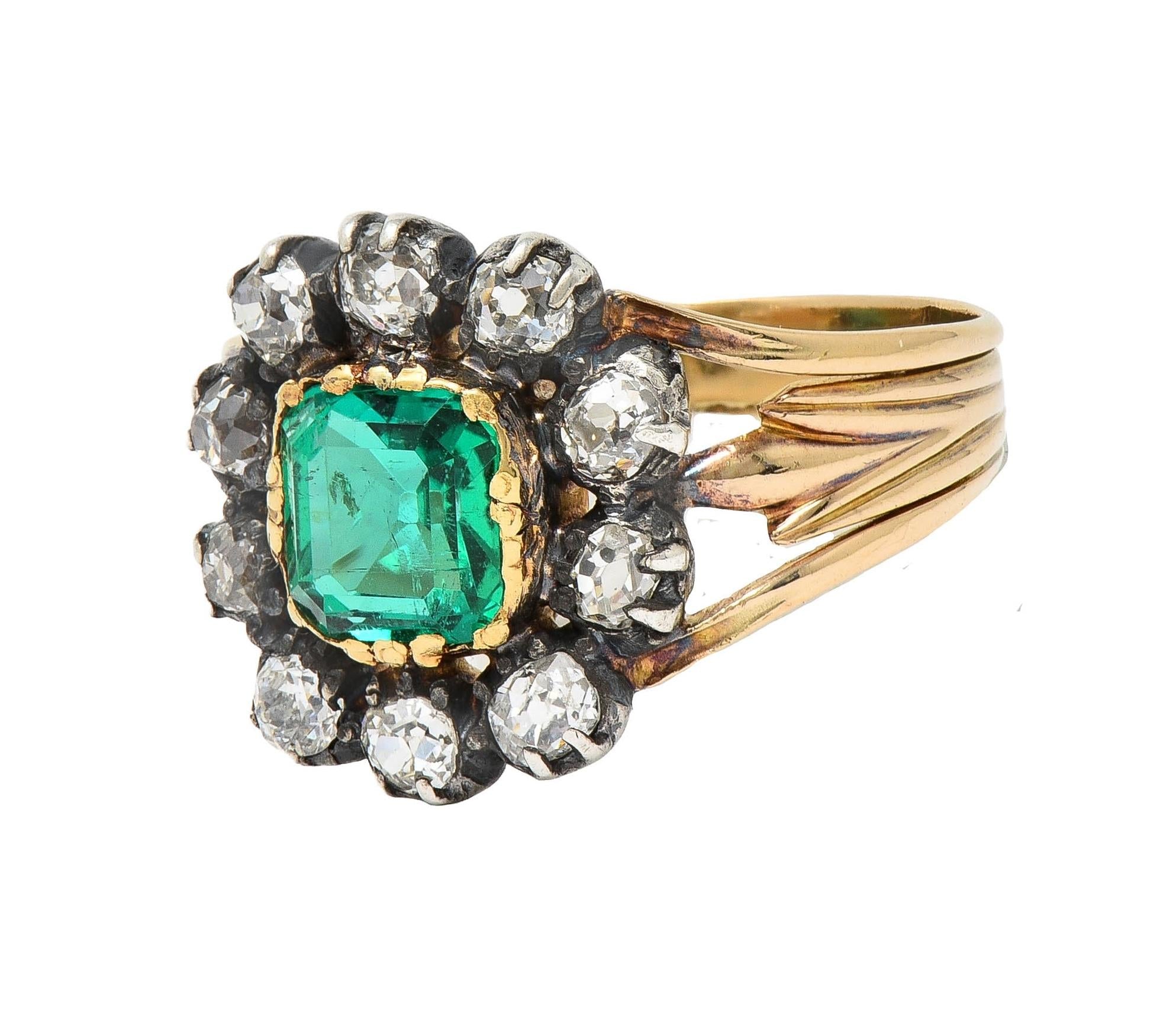 Victorian 1.87 CTW Emerald Diamond Silver 14 Karat Gold Antique Halo Ring GIA