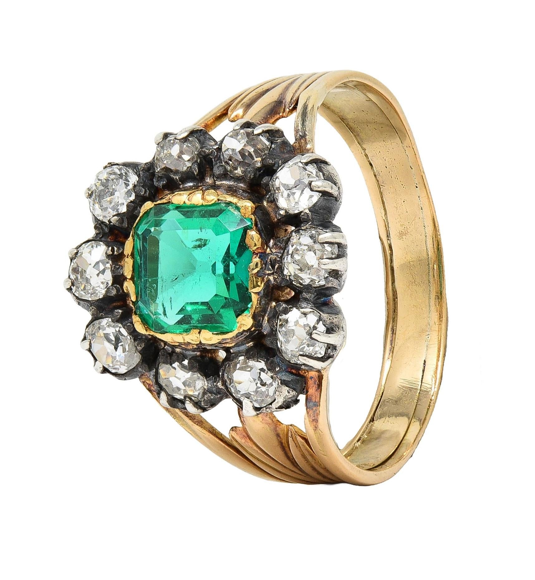 Victorian 1.87 CTW Emerald Diamond Silver 14 Karat Gold Antique Halo Ring GIA