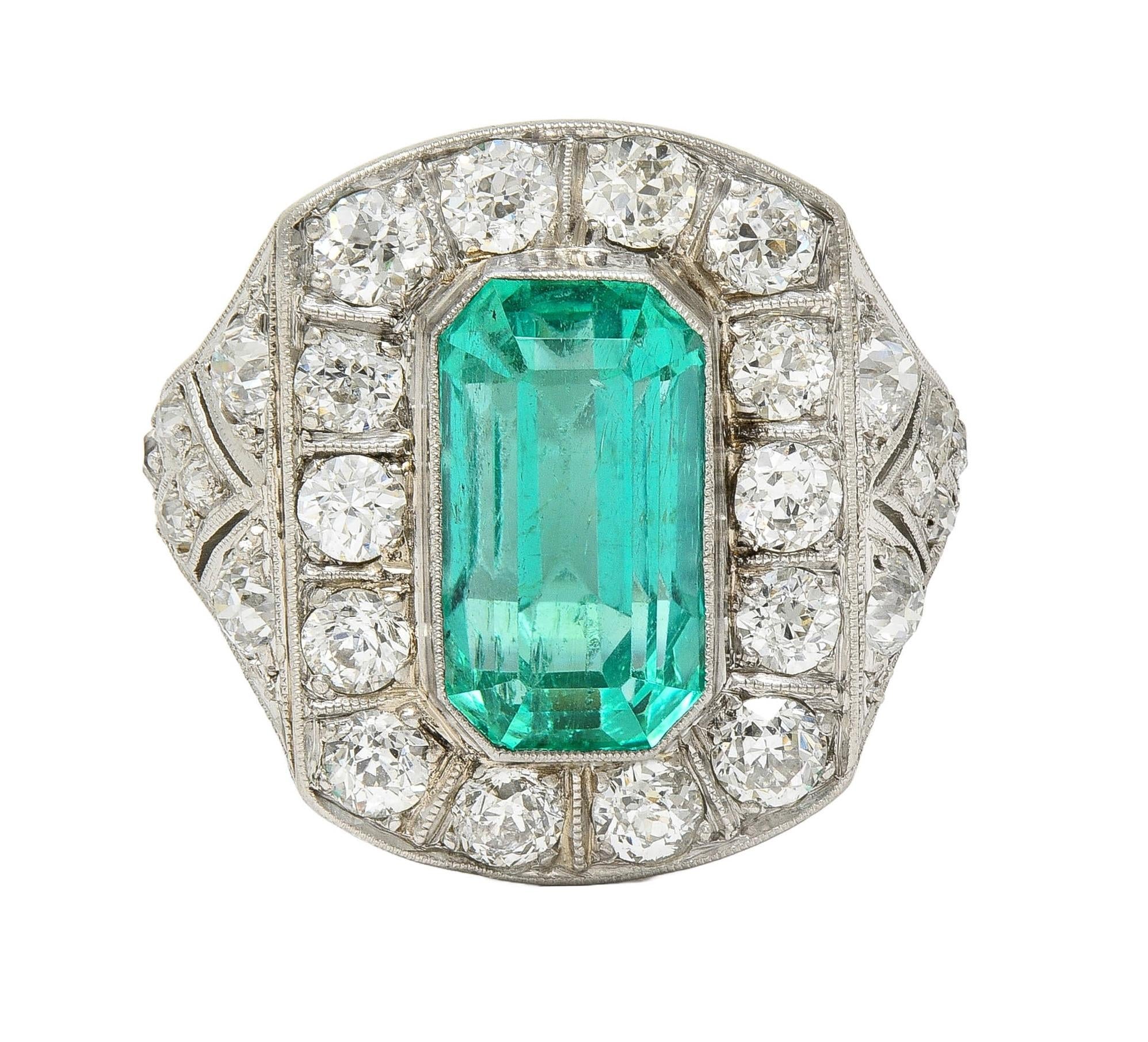 Art Deco 5.86 CTW Colombian Emerald Diamond Platinum Vintage Halo Ring GIA