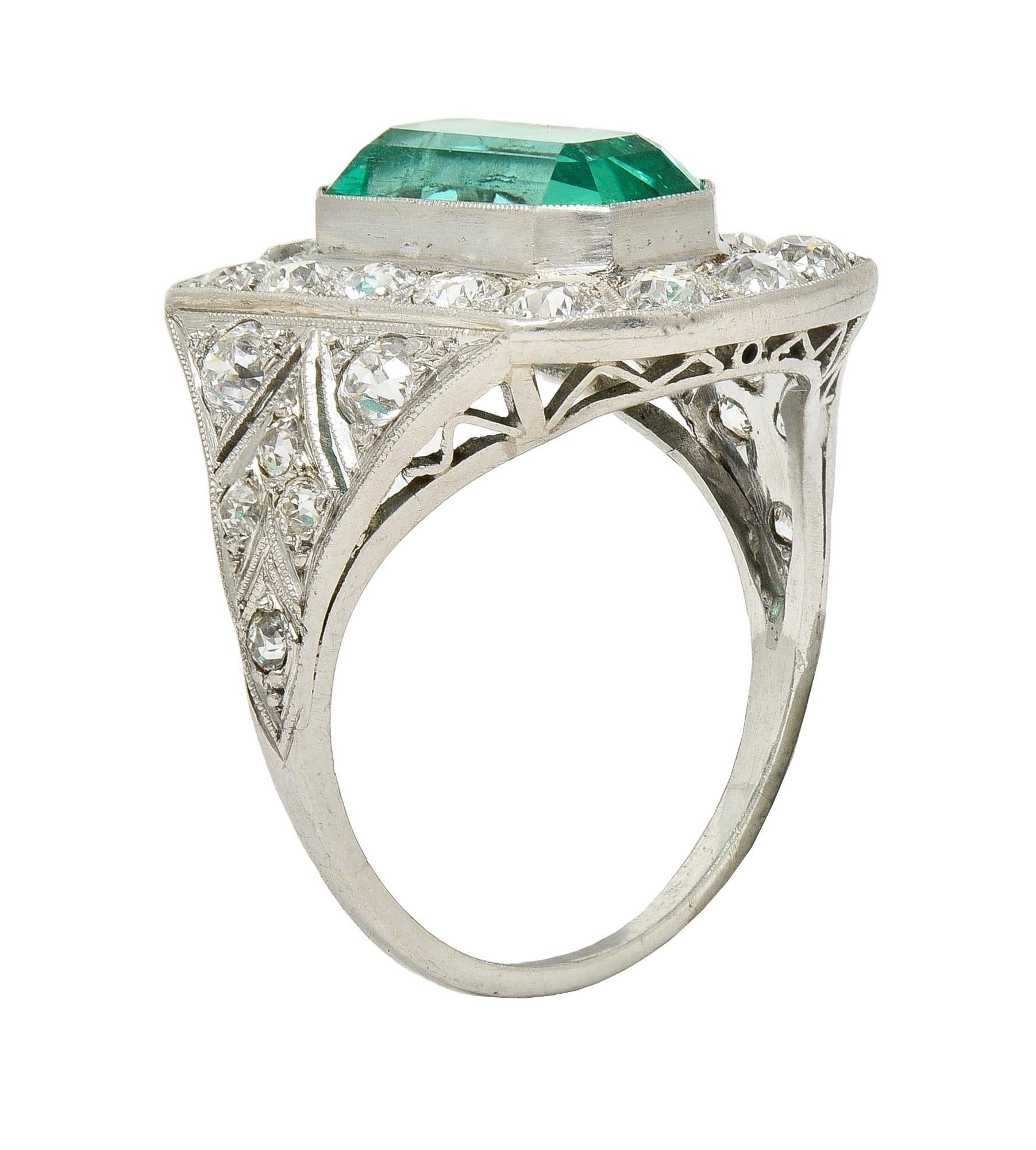 Art Deco 5.86 CTW Colombian Emerald Diamond Platinum Vintage Halo Ring GIA