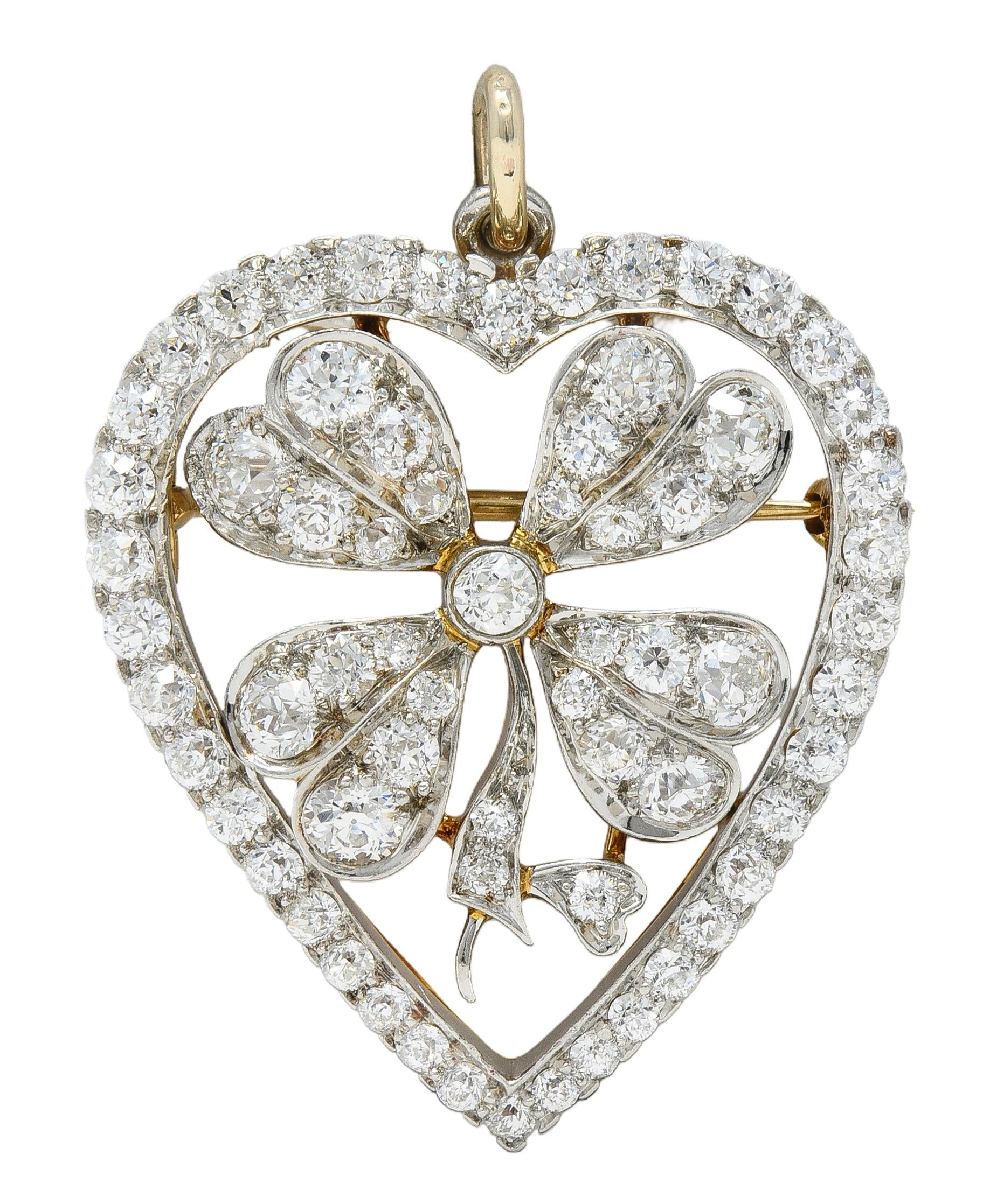 Edwardian 5.45 CTW Diamond Platinum 18K Gold Antique Clover Heart Pendant Brooch