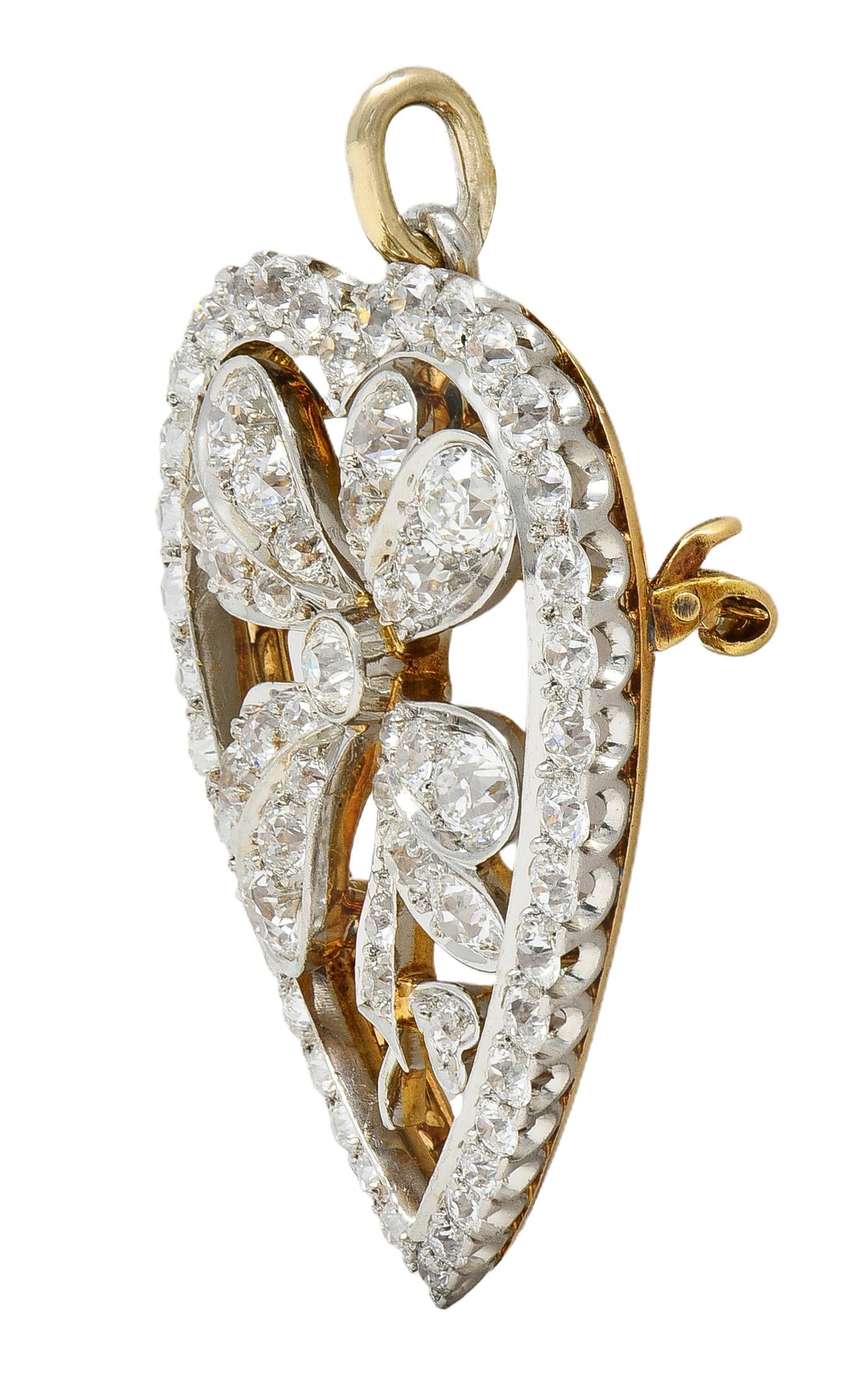 Edwardian 5.45 CTW Diamond Platinum 18K Gold Antique Clover Heart Pendant Brooch