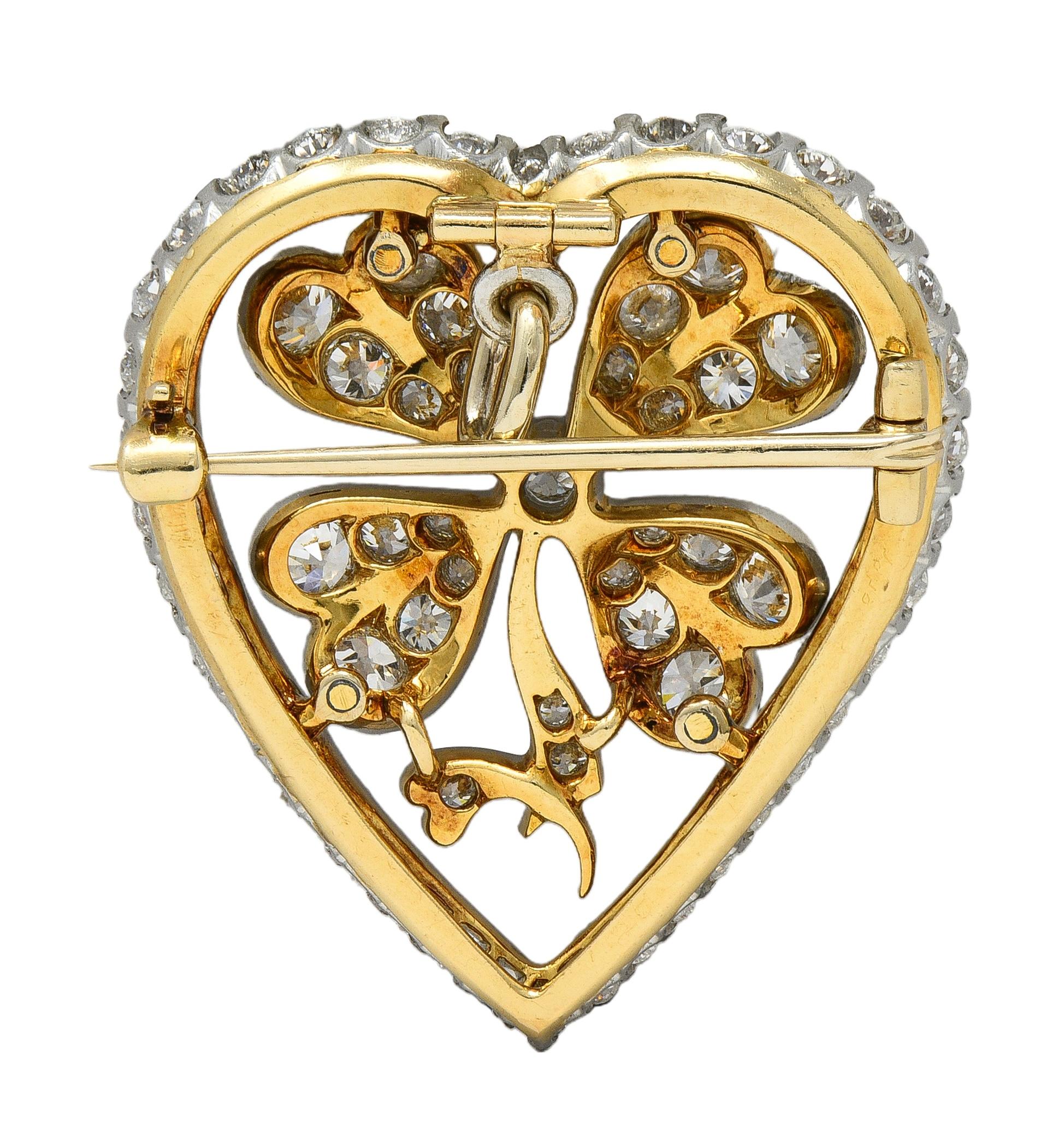 Edwardian 5.45 CTW Diamond Platinum 18K Gold Antique Clover Heart Pendant Brooch