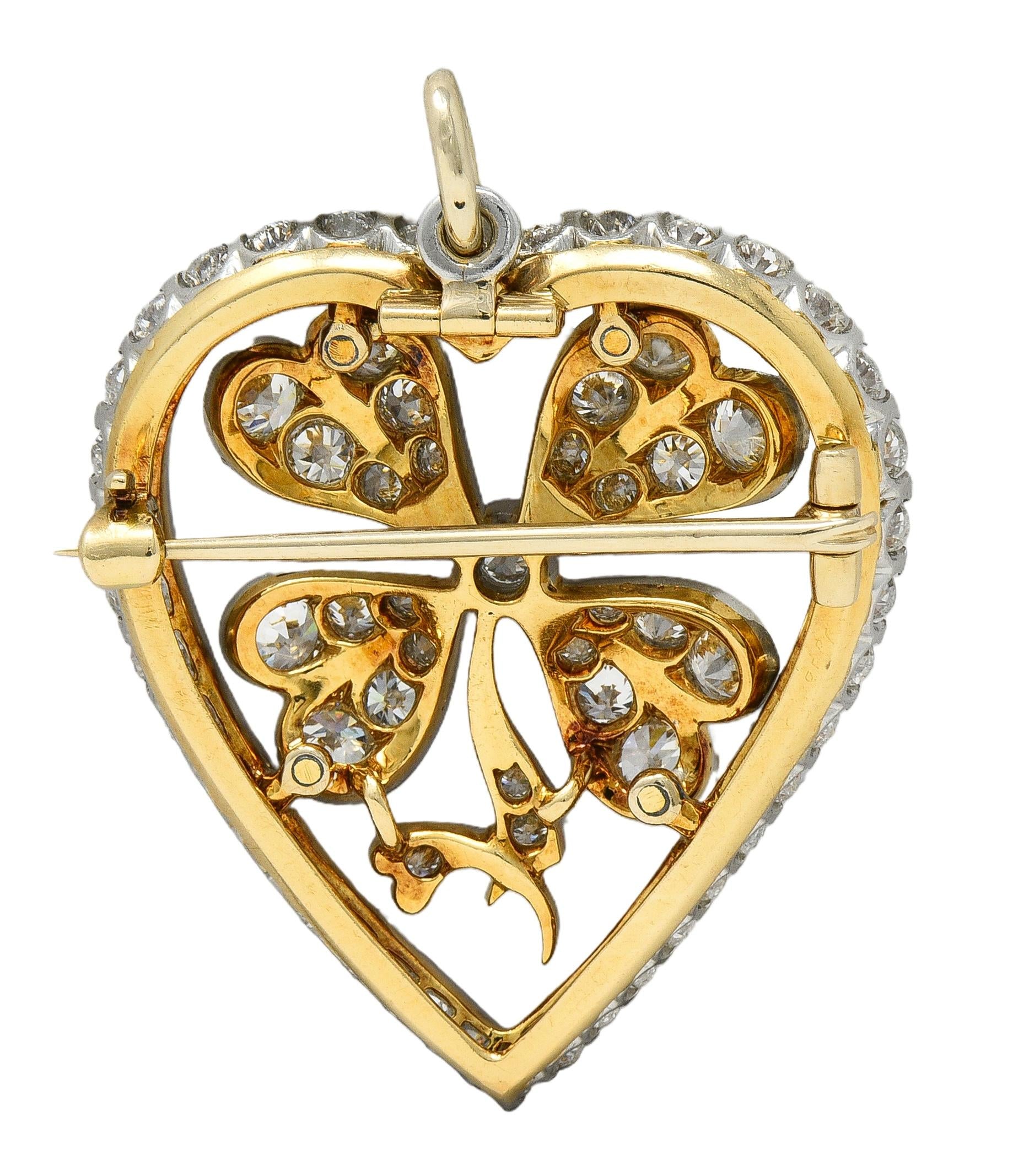 Edwardian 5.45 CTW Diamond Platinum 18K Gold Antique Clover Heart Pendant Brooch