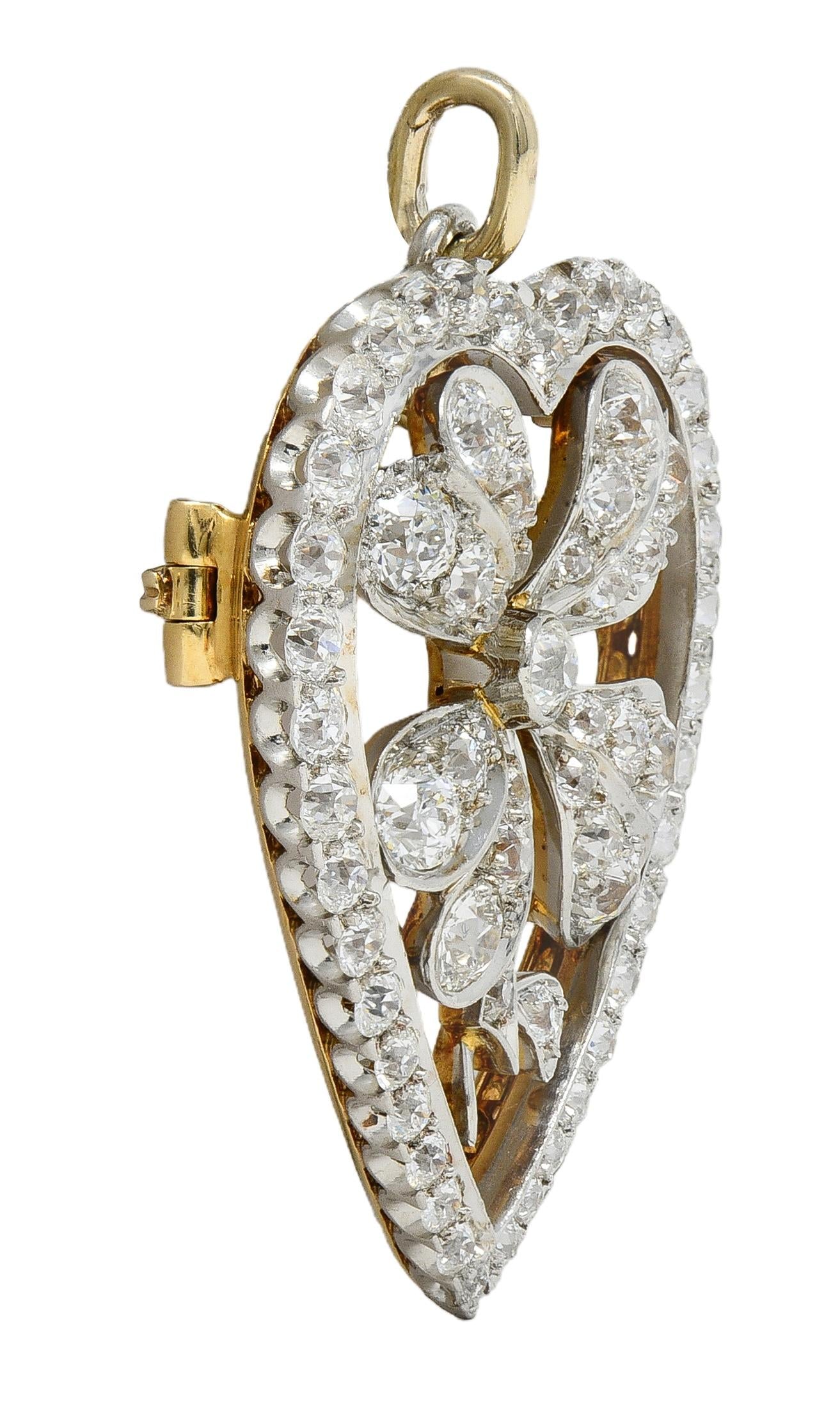 Edwardian 5.45 CTW Diamond Platinum 18K Gold Antique Clover Heart Pendant Brooch