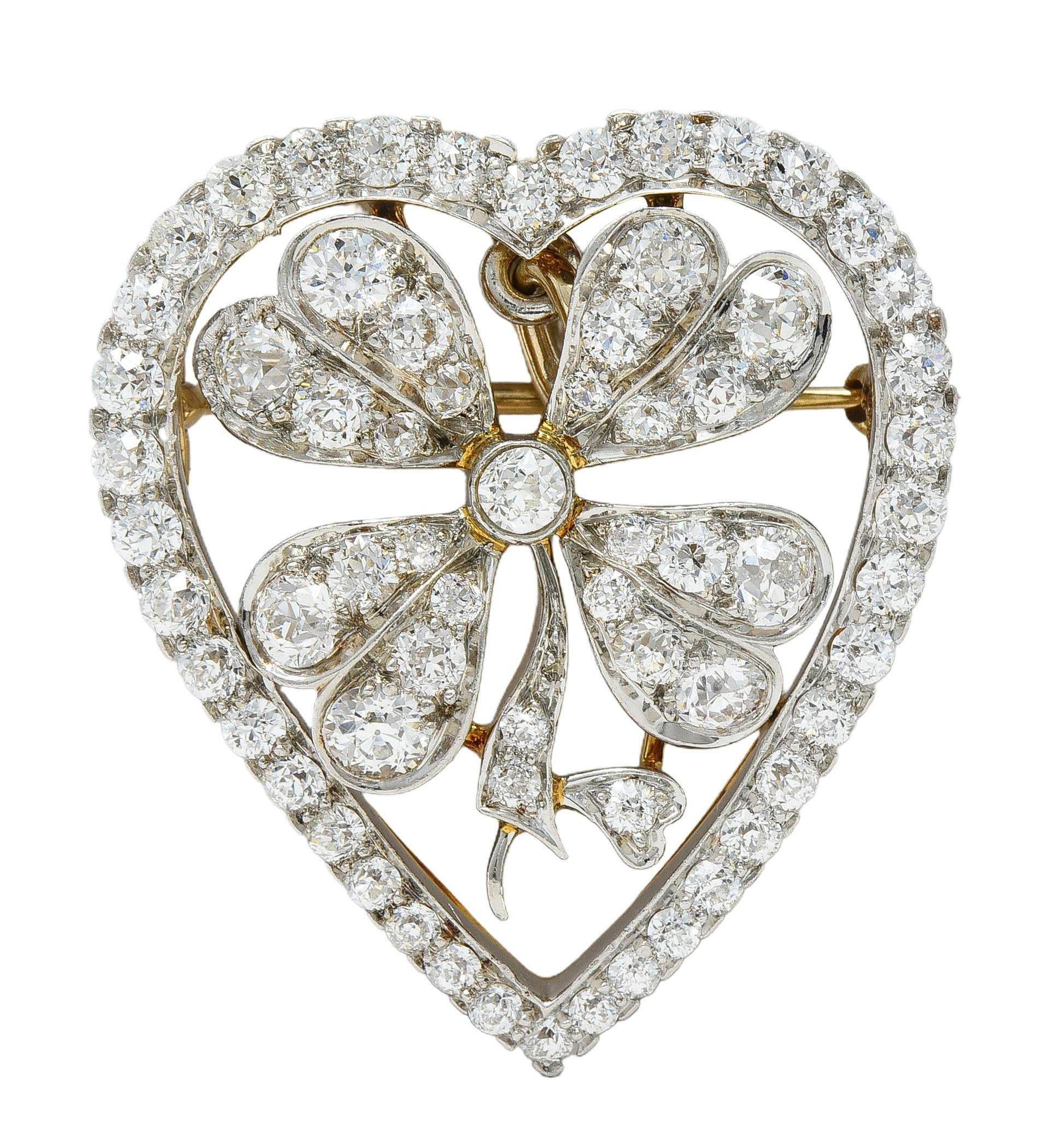 Edwardian 5.45 CTW Diamond Platinum 18K Gold Antique Clover Heart Pendant Brooch