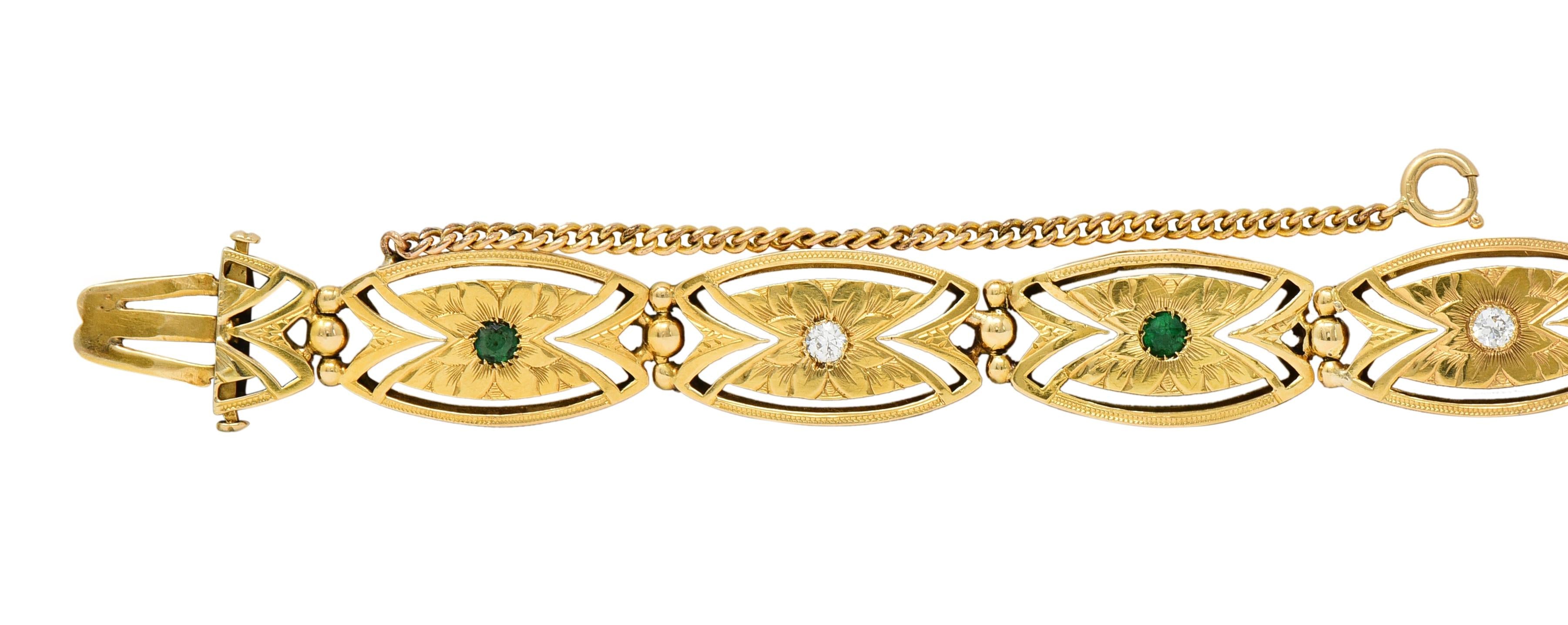 Art Nouveau Diamond Emerald 14 Karat Yellow Gold Floral Navette Link Bracelet