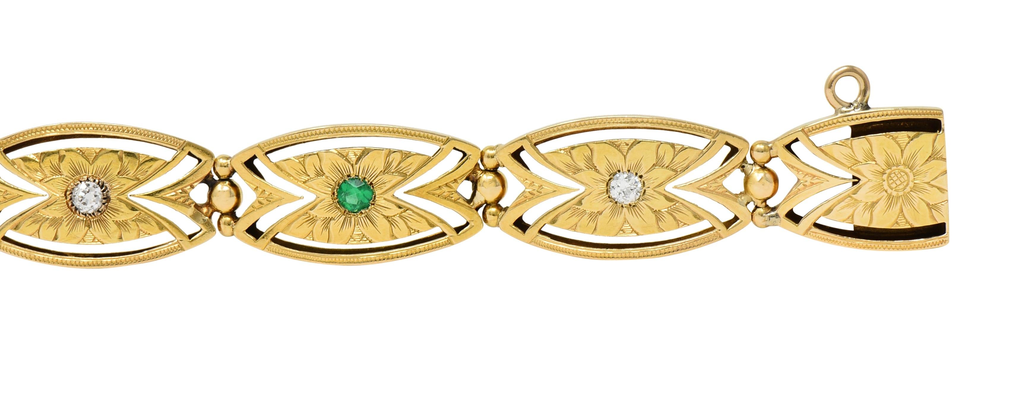 Art Nouveau Diamond Emerald 14 Karat Yellow Gold Floral Navette Link Bracelet