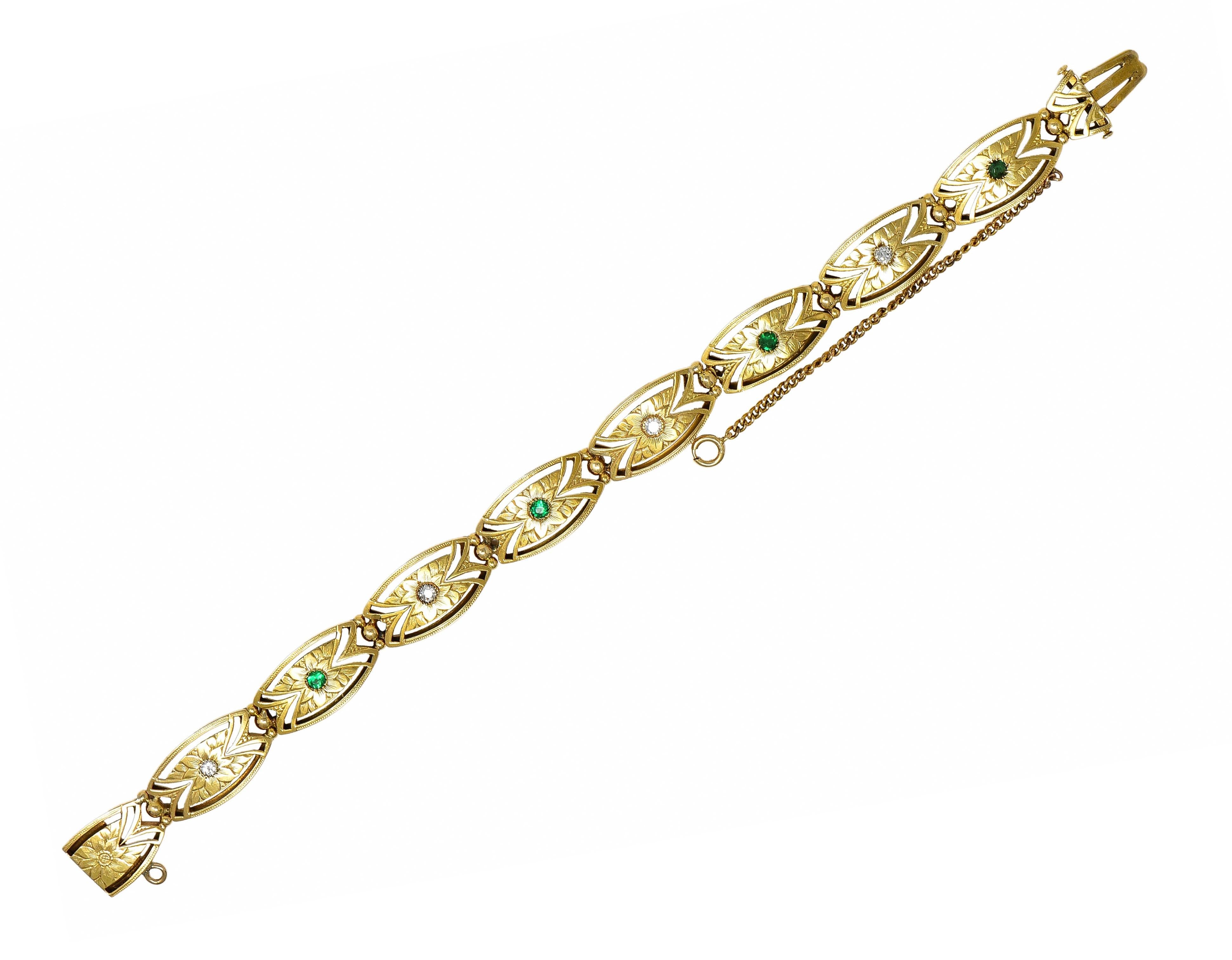 Art Nouveau Diamond Emerald 14 Karat Yellow Gold Floral Navette Link Bracelet