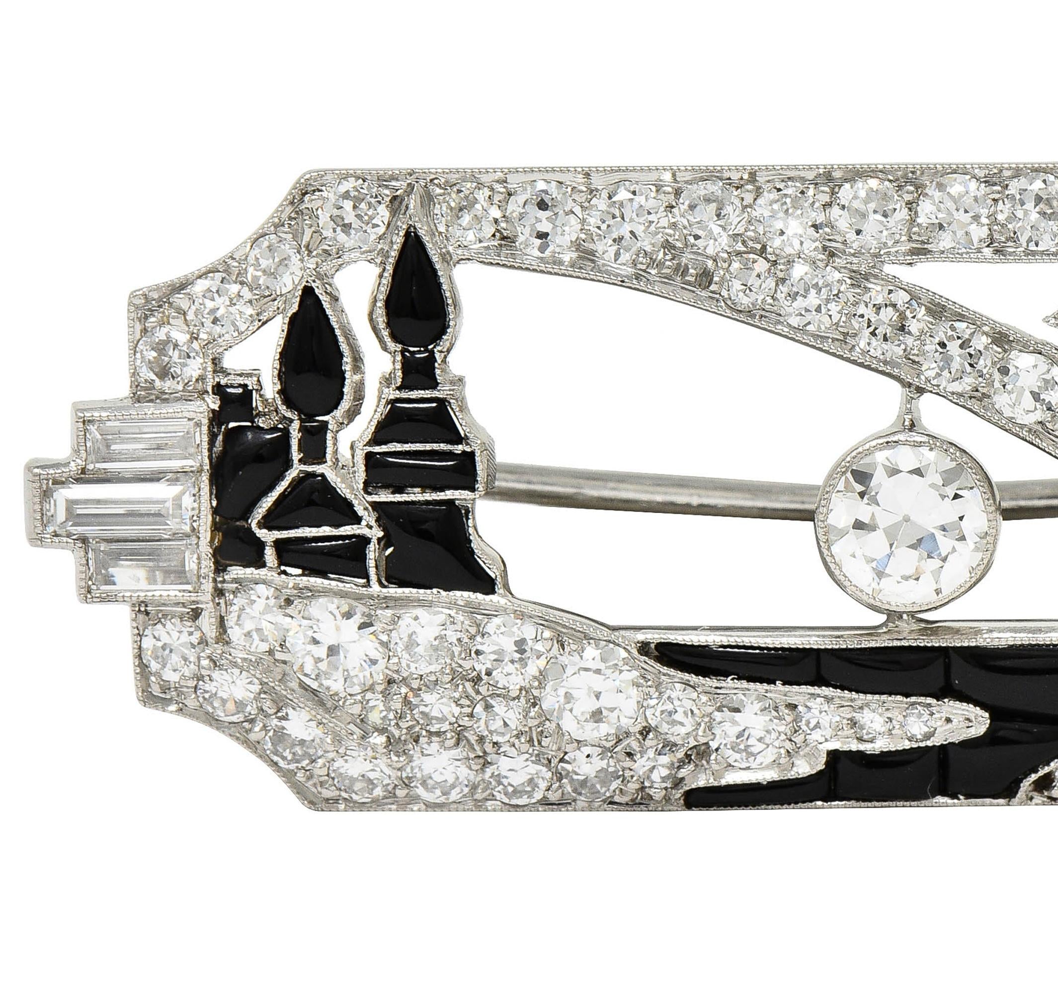 Art Deco 2.63 CTW Diamond Onyx Platinum Antique Horizon Brooch