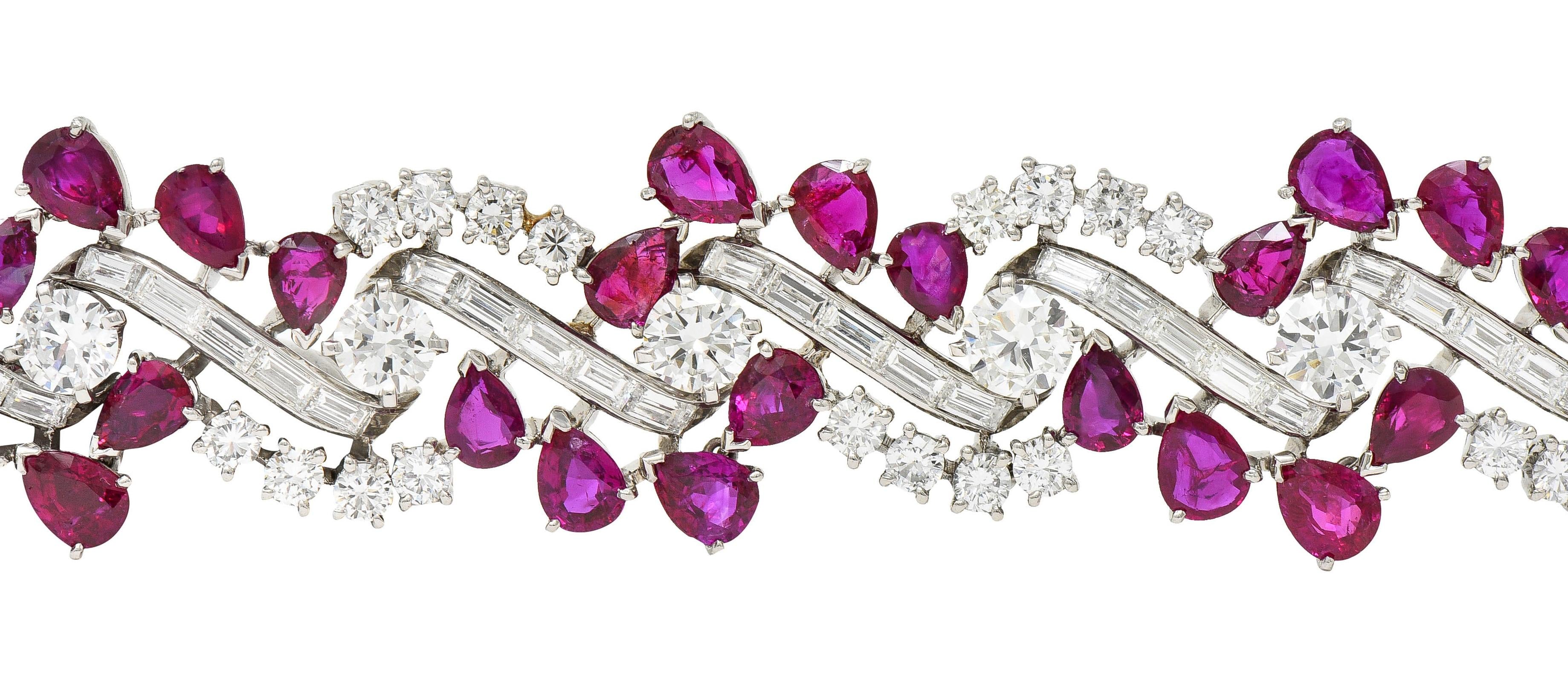 Mid-Century No Heat Burma Ruby Diamond Platinum Vintage Twist Line Bracelet