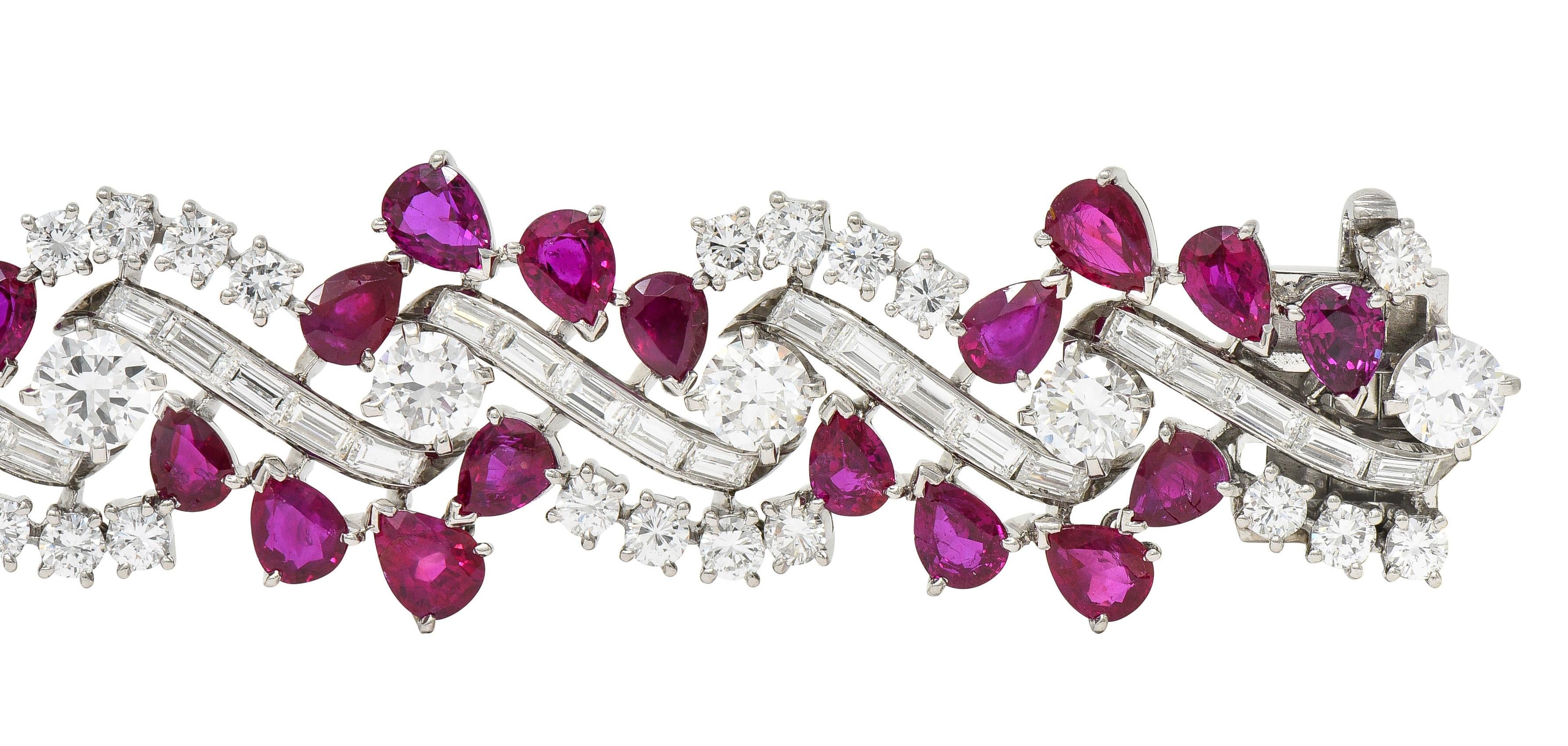 Mid-Century No Heat Burma Ruby Diamond Platinum Vintage Twist Line Bracelet