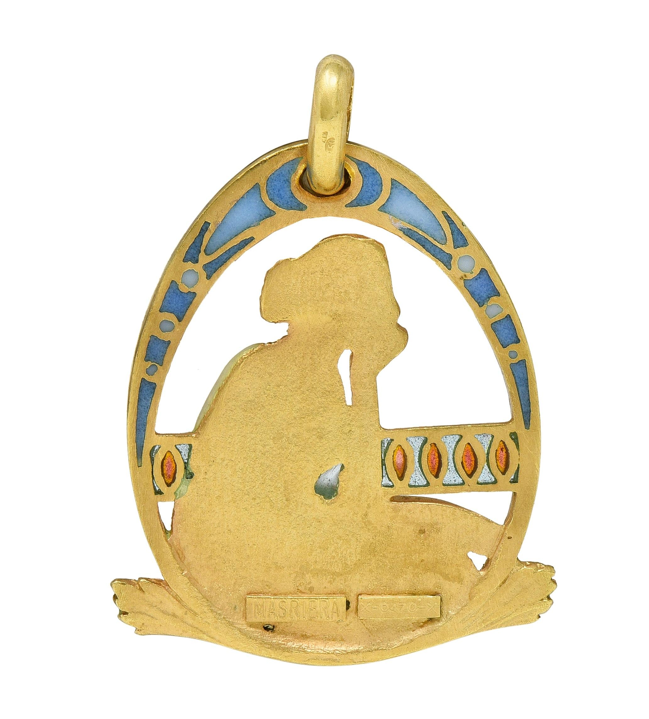 Masriera Art Nouveau Enamel 18K Yellow Gold Antique Pliqué-A-Jour Lady Pendant