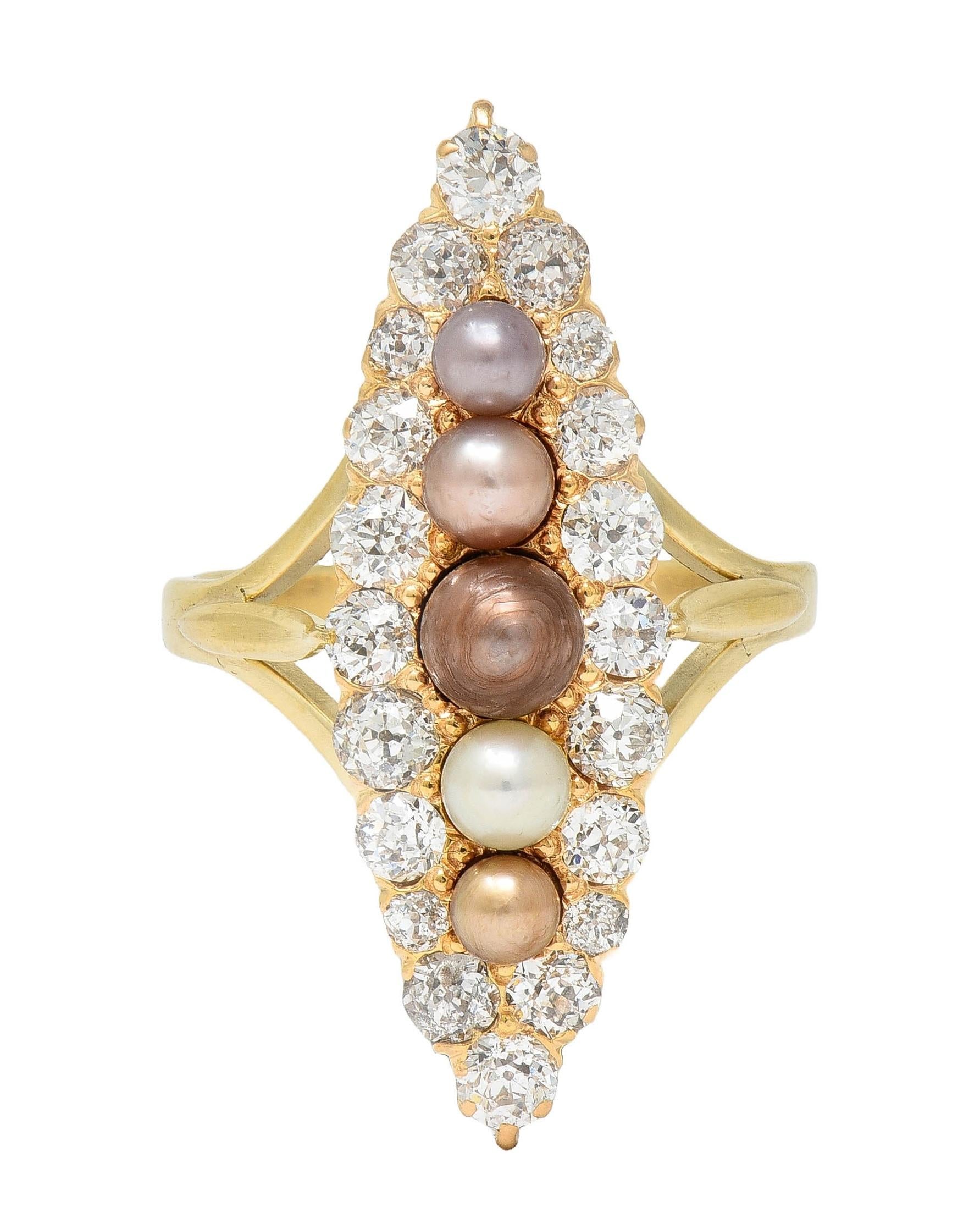 Victorian 1.42 CTW Diamond Natural Pearl 14 Kt Yellow Gold Antique Navette Ring