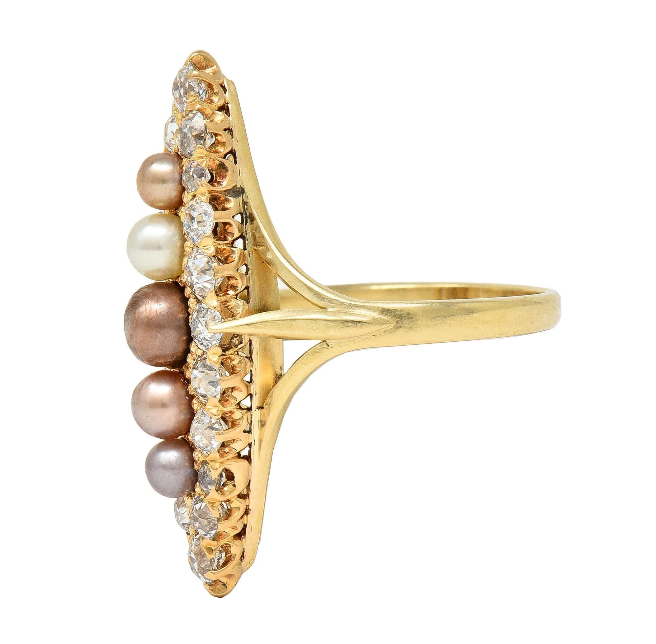 Victorian 1.42 CTW Diamond Natural Pearl 14 Kt Yellow Gold Antique Navette Ring