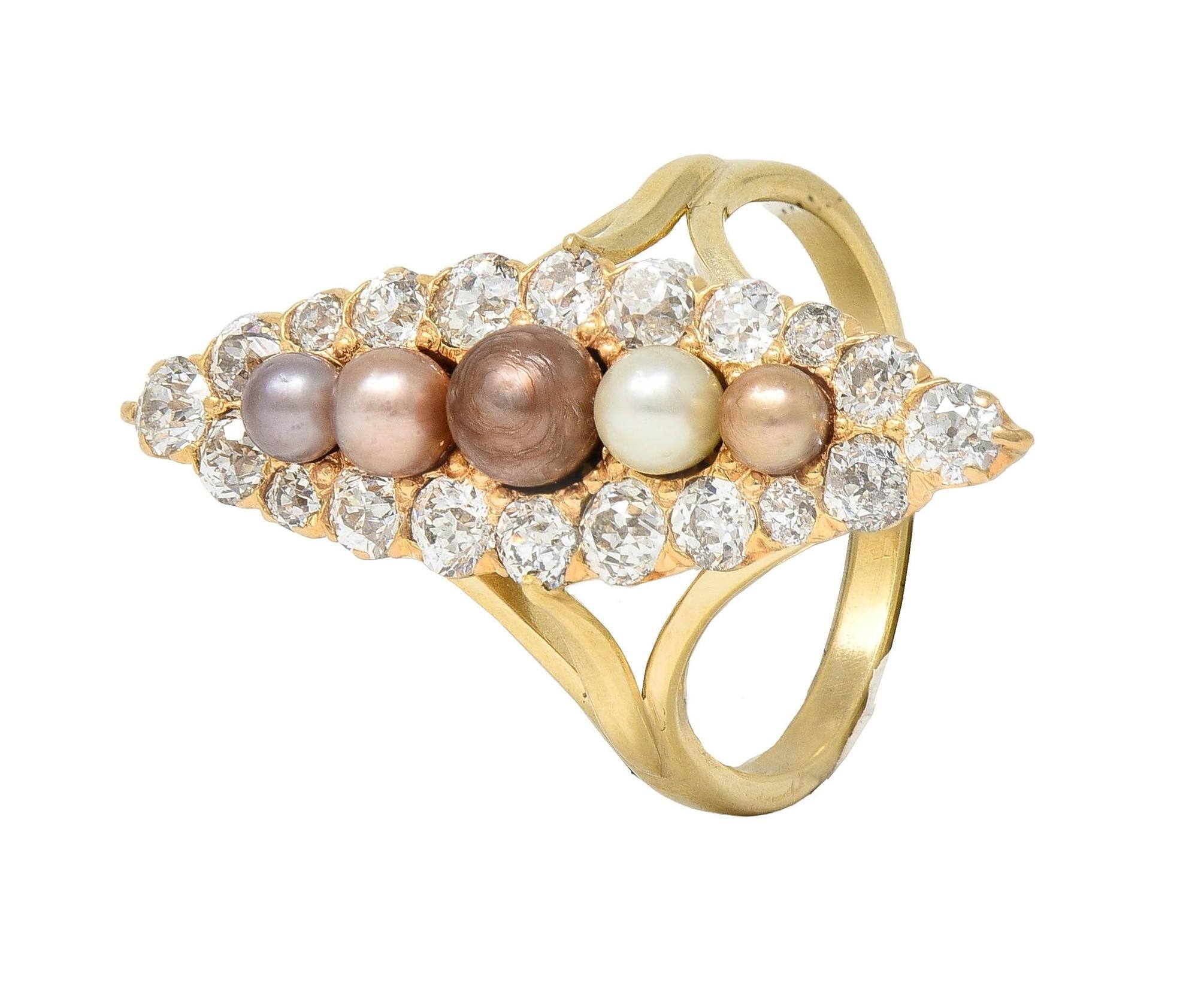 Victorian 1.42 CTW Diamond Natural Pearl 14 Kt Yellow Gold Antique Navette Ring