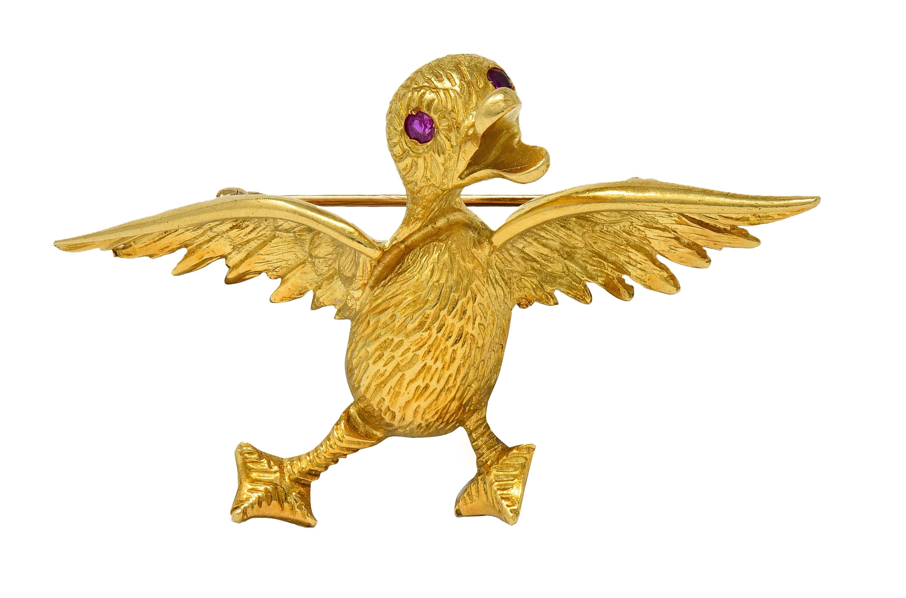 1960's Ruby 18 Karat Yellow Gold Vintage Duck Whimsical Bird Brooch