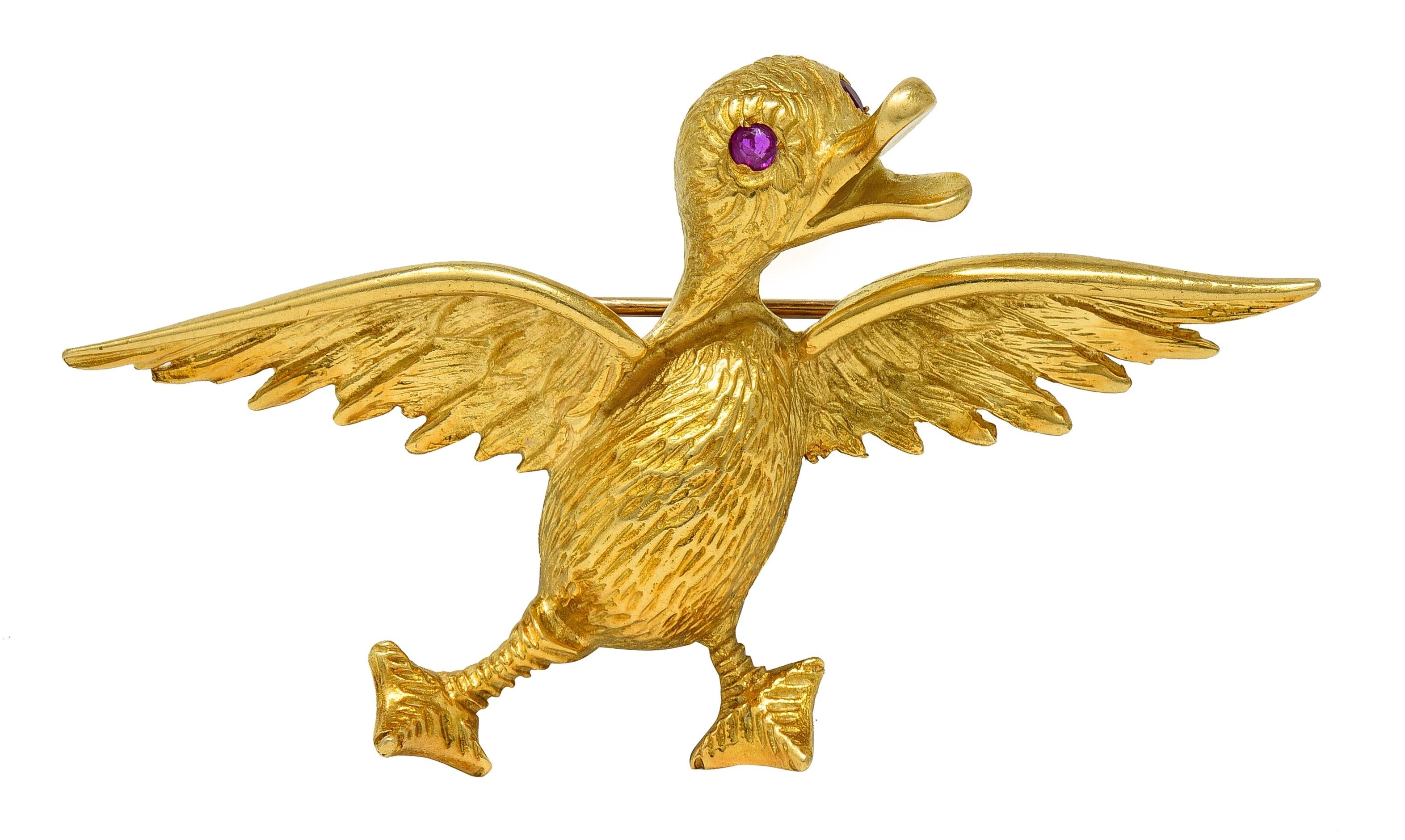 1960's Ruby 18 Karat Yellow Gold Vintage Duck Whimsical Bird Brooch