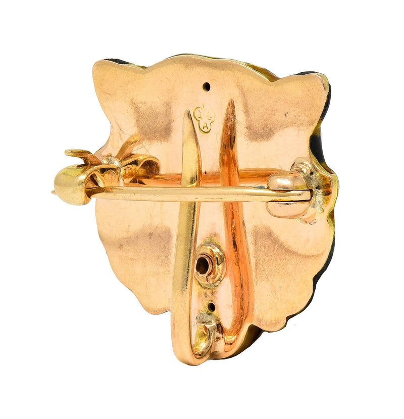 Alling & Co Art Nouveau Diamond Enamel 14 Karat Yellow Gold Antique Tiger Brooch