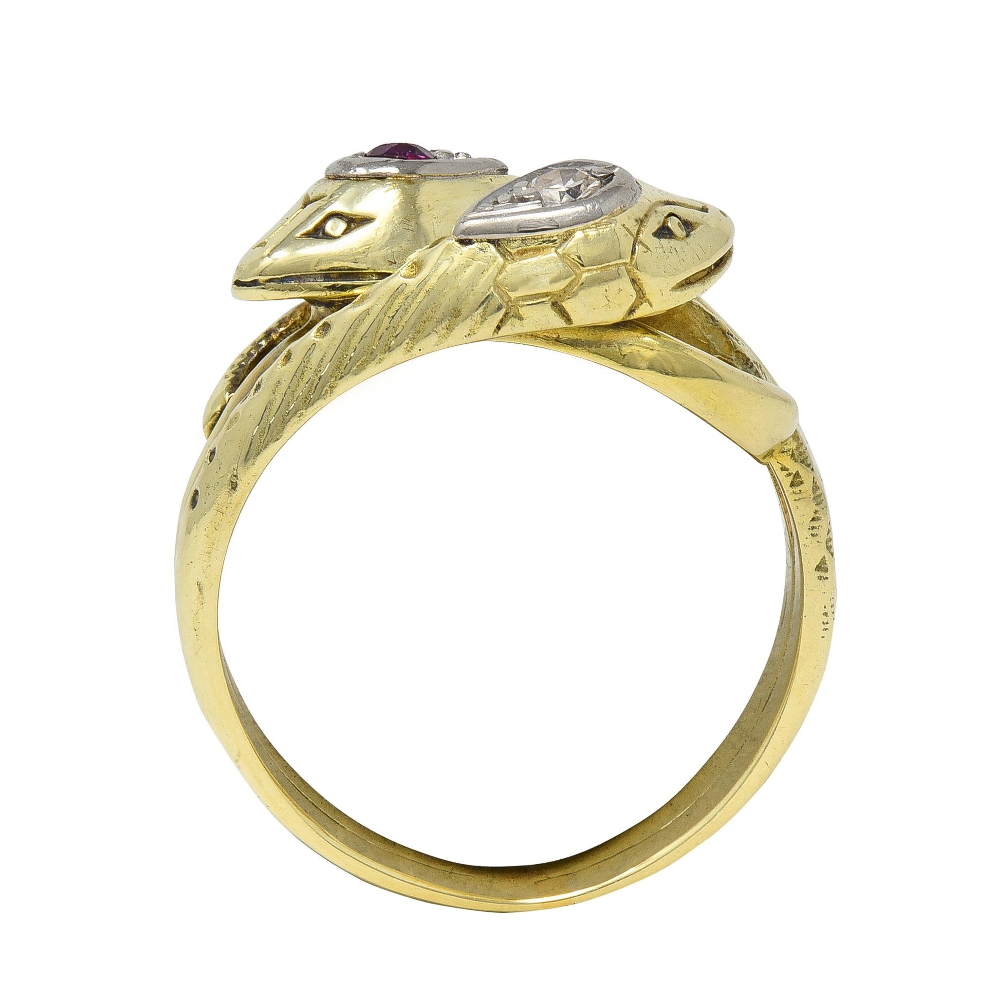Vintage Ruby Diamond 14 Karat Two-Tone Gold Lovers Knot Unisex Snake Band Ring