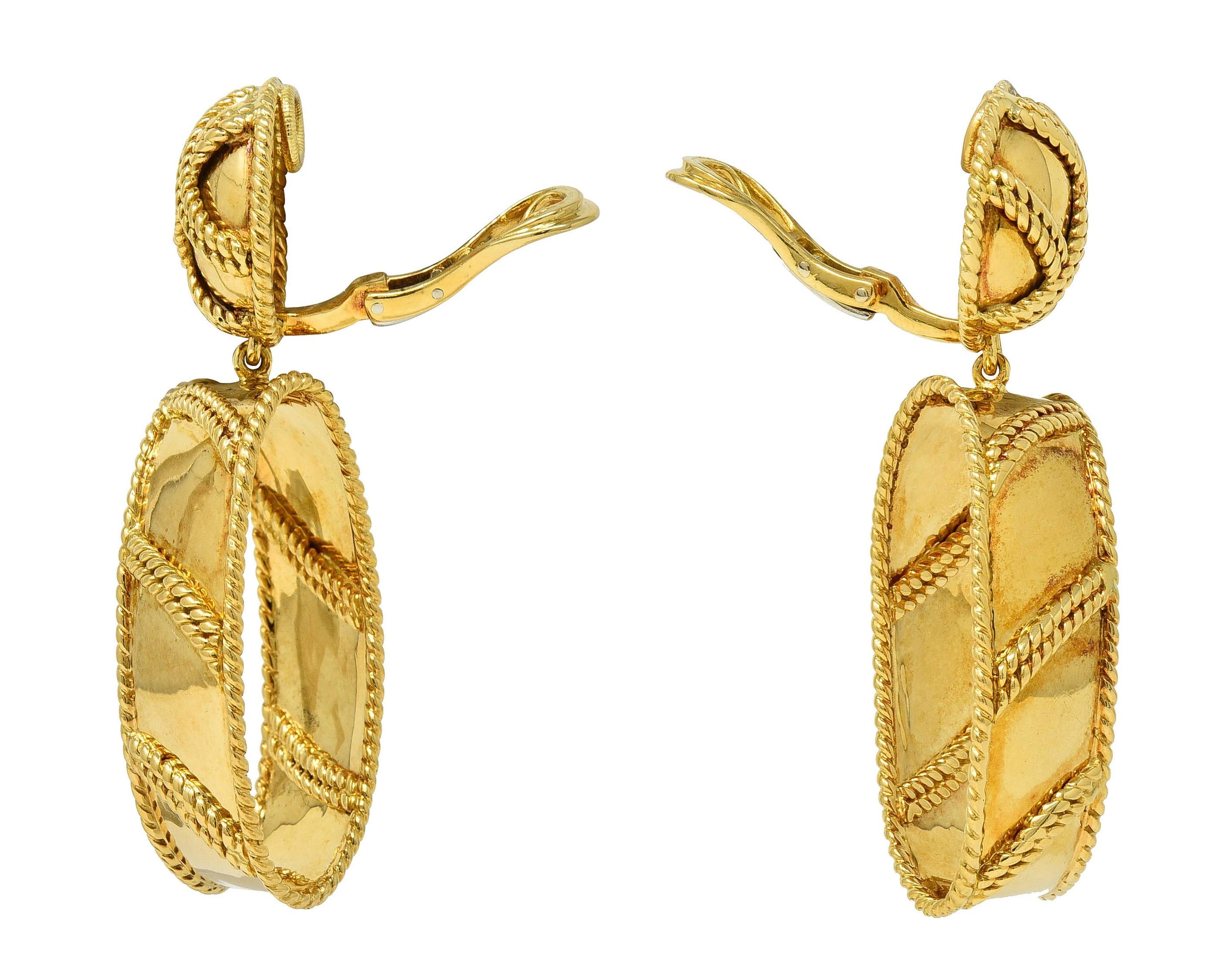 Sabbadini 1980 18 Karat Yellow Gold Vintage Twisted Rope Drop Ear Clip Earrings