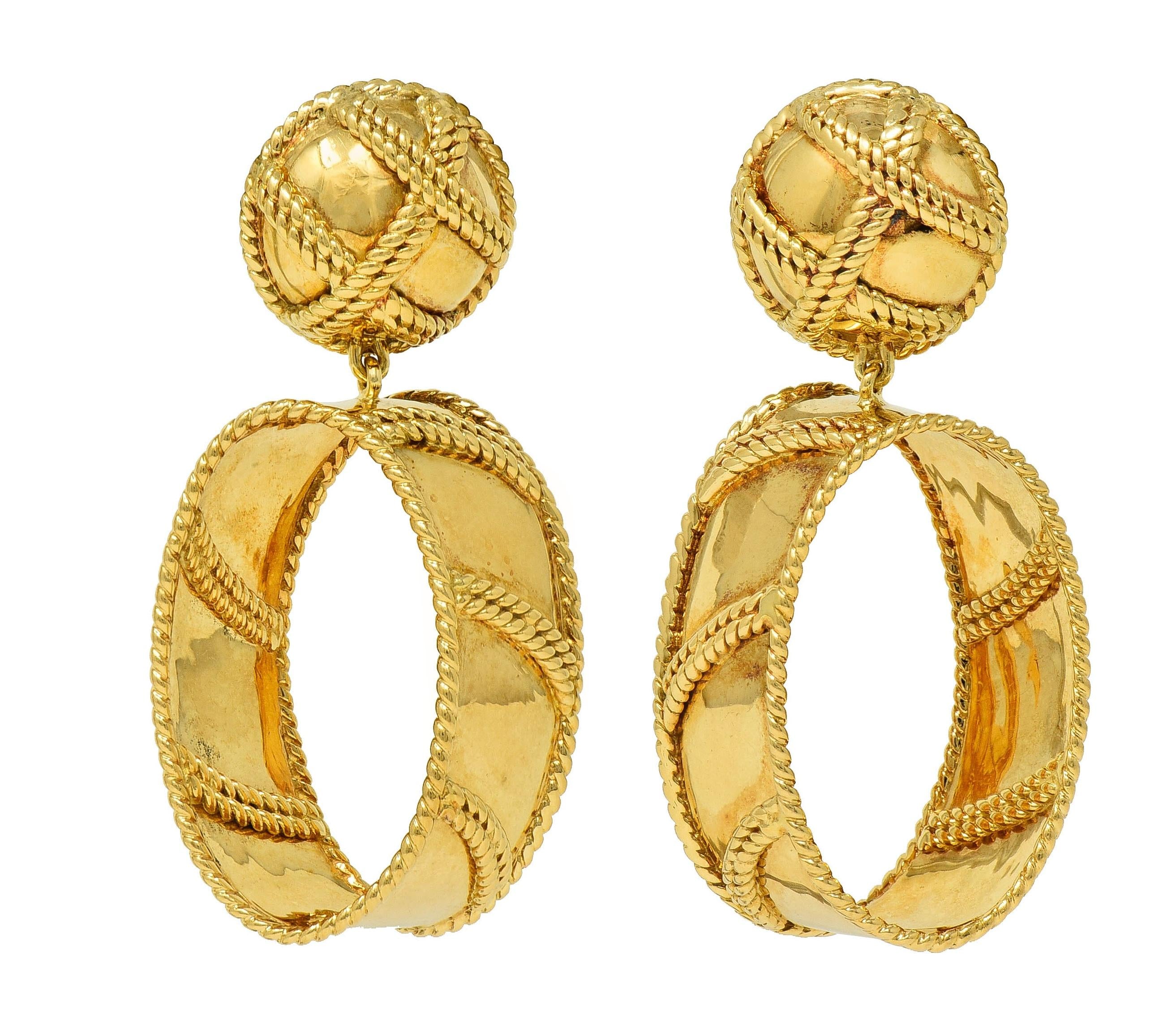 Sabbadini 1980 18 Karat Yellow Gold Vintage Twisted Rope Drop Ear Clip Earrings