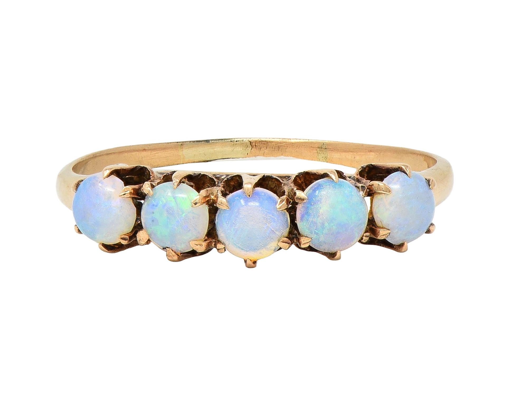 Victorian Opal Cabochon 14 Yellow Karat Gold Five Stone Antique Band Ring