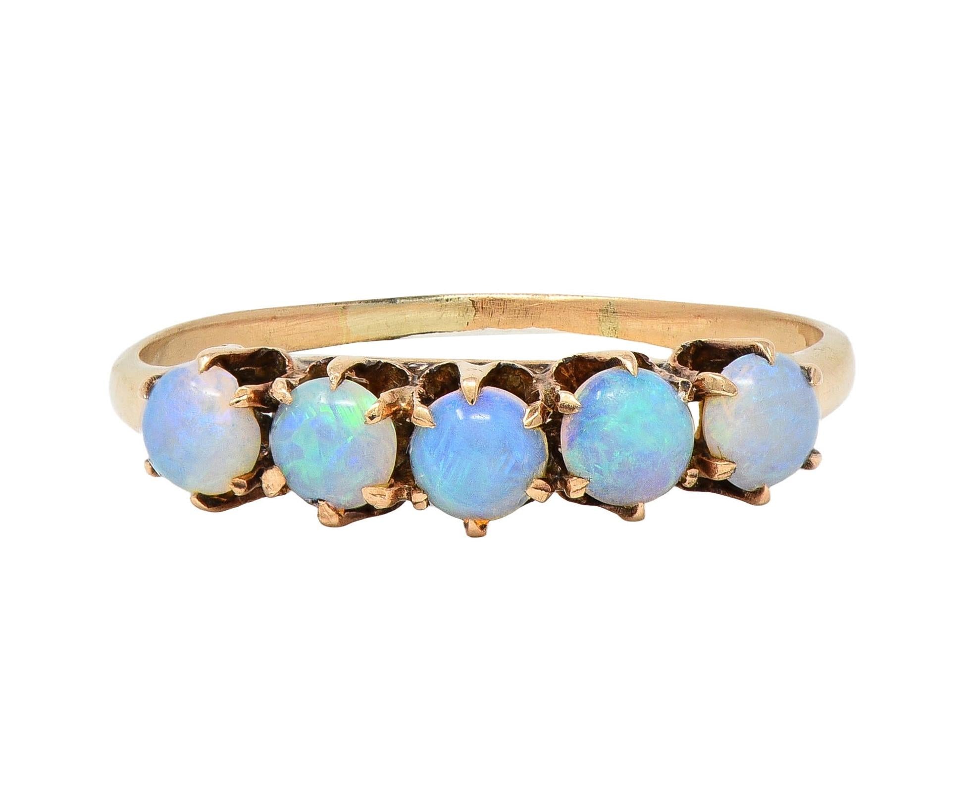 Victorian Opal Cabochon 14 Yellow Karat Gold Five Stone Antique Band Ring