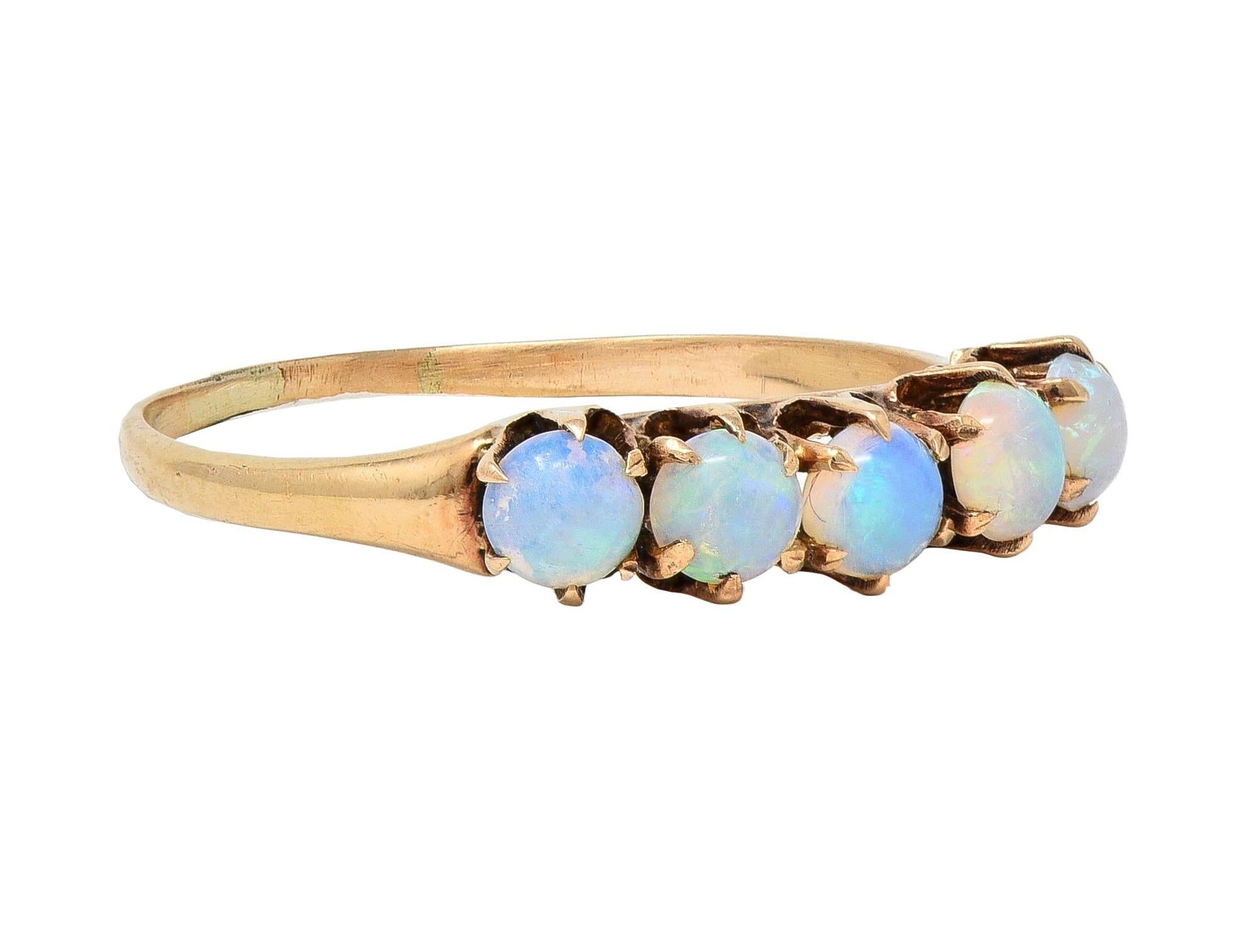 Victorian Opal Cabochon 14 Yellow Karat Gold Five Stone Antique Band Ring