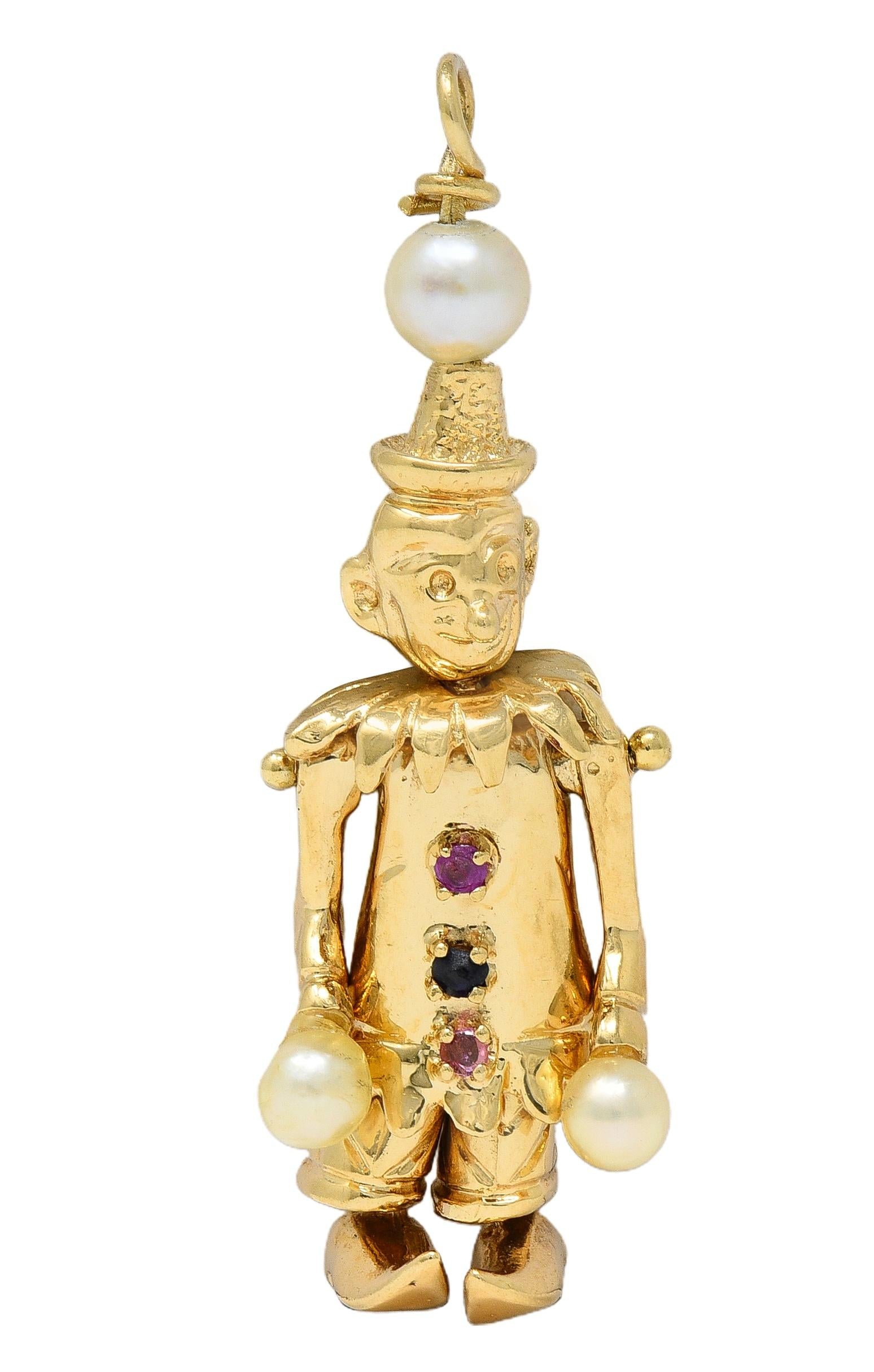 1960's Multi-Gem Pearl 14 Karat Gold Vintage Articulating Clown Pendant Charm