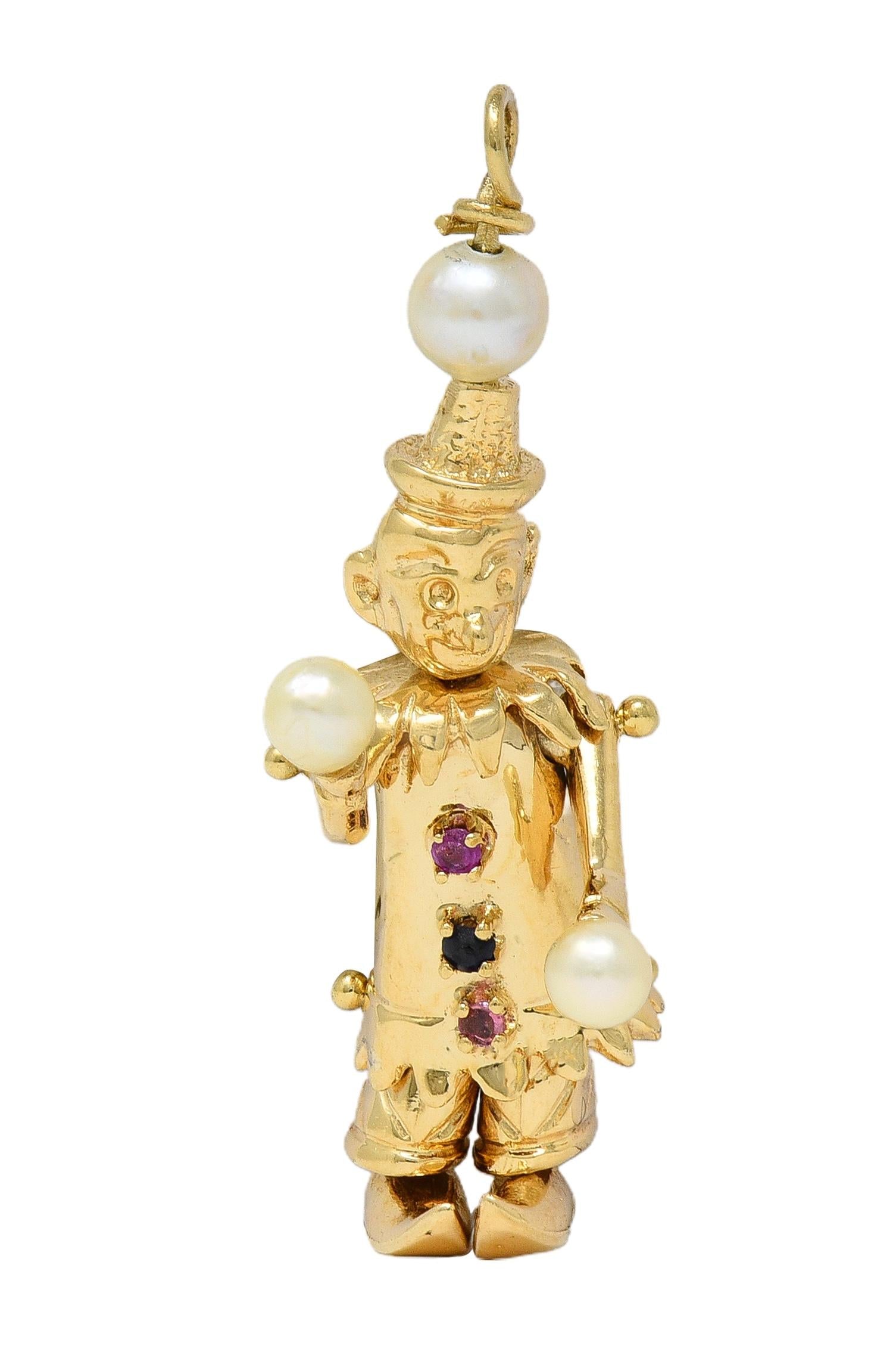 1960's Multi-Gem Pearl 14 Karat Gold Vintage Articulating Clown Pendant Charm