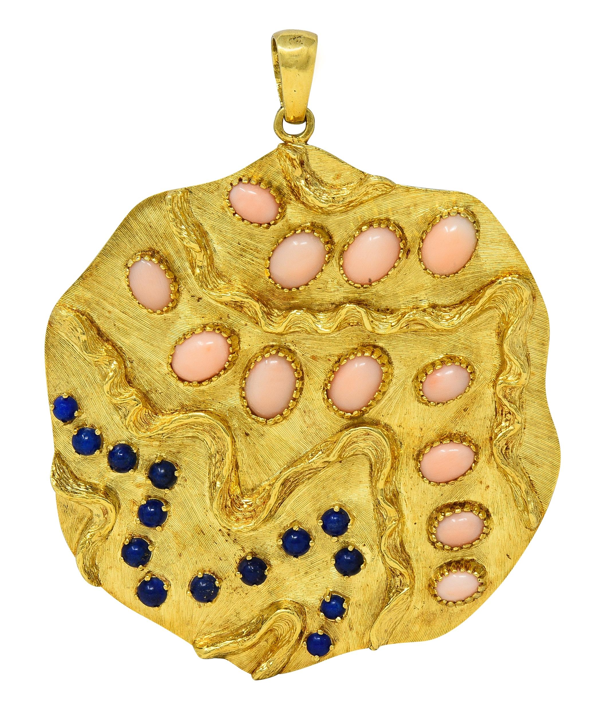 1970's Coral Lapis Lazuli 18 Karat Gold Vintage Squiggle Medallion Pendant
