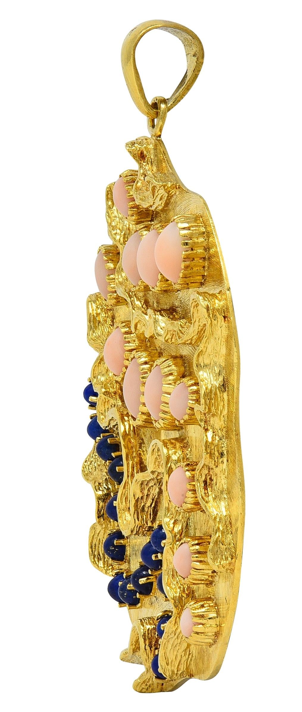 1970's Coral Lapis Lazuli 18 Karat Gold Vintage Squiggle Medallion Pendant