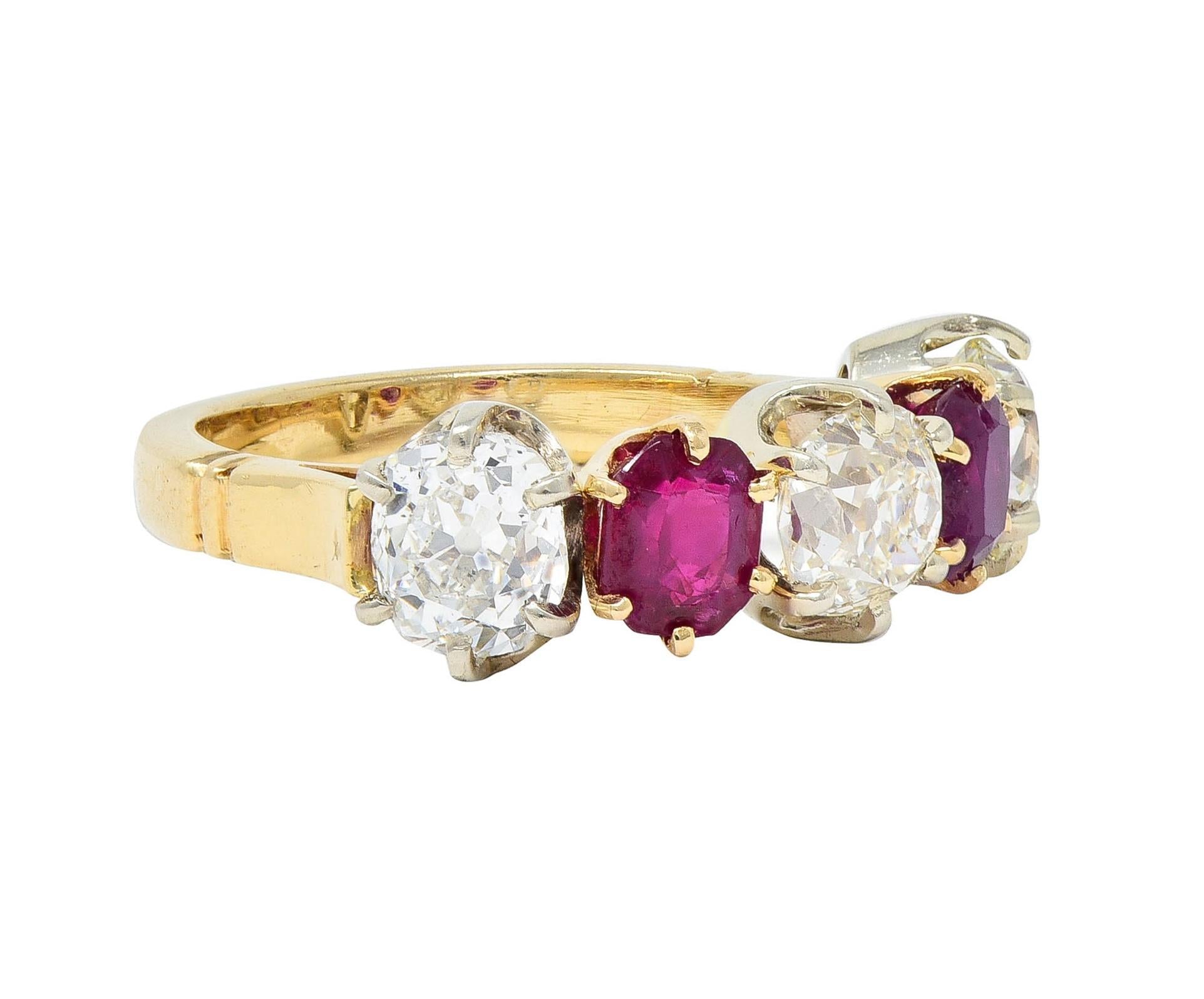 Victorian 3.62 CTW Ruby Old Mine Cut Diamond 14 Karat Two-Tone Gold Band Ring