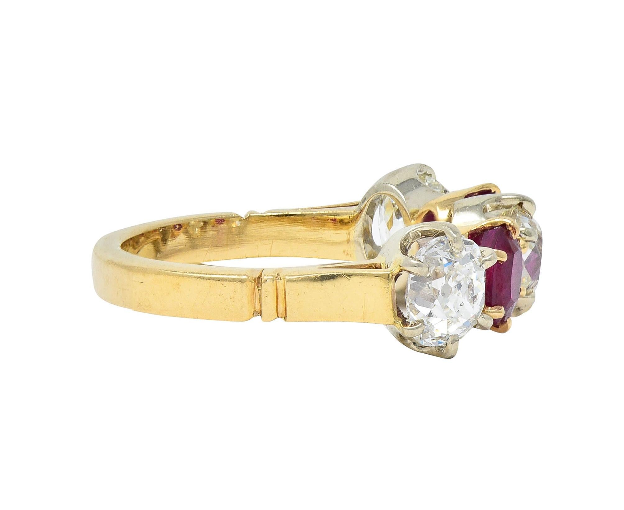 Victorian 3.62 CTW Ruby Old Mine Cut Diamond 14 Karat Two-Tone Gold Band Ring