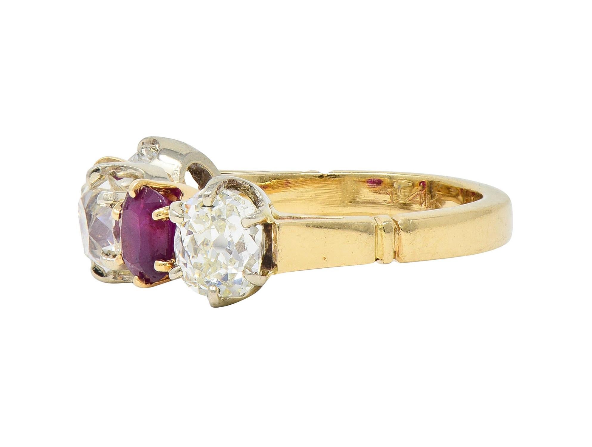 Victorian 3.62 CTW Ruby Old Mine Cut Diamond 14 Karat Two-Tone Gold Band Ring