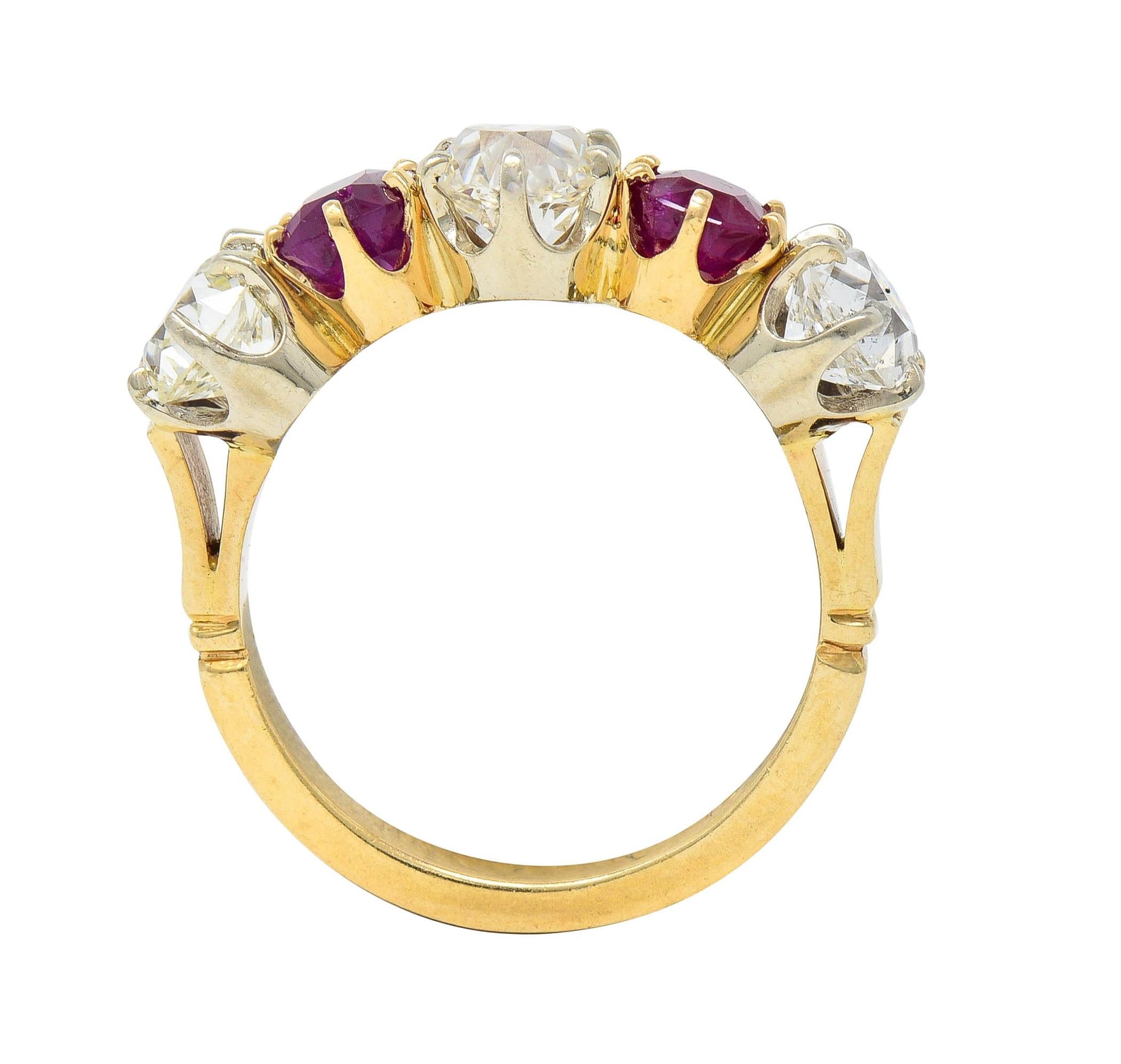 Victorian 3.62 CTW Ruby Old Mine Cut Diamond 14 Karat Two-Tone Gold Band Ring