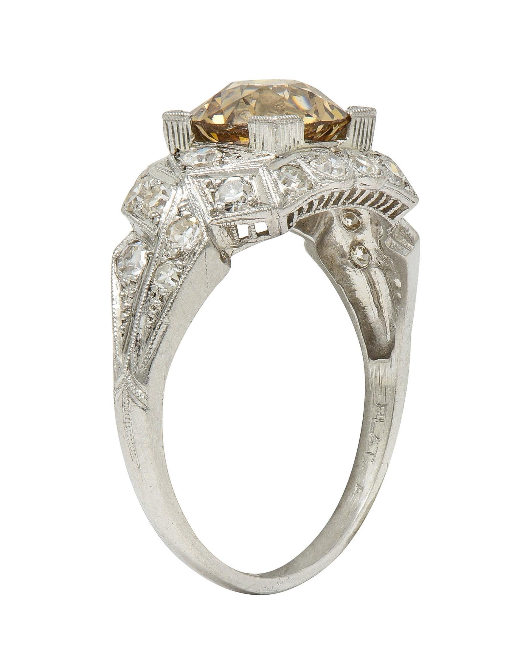 Art Deco 2.64 CTW Fancy Brown-Yellow Diamond Platinum Vintage Engagement Ring